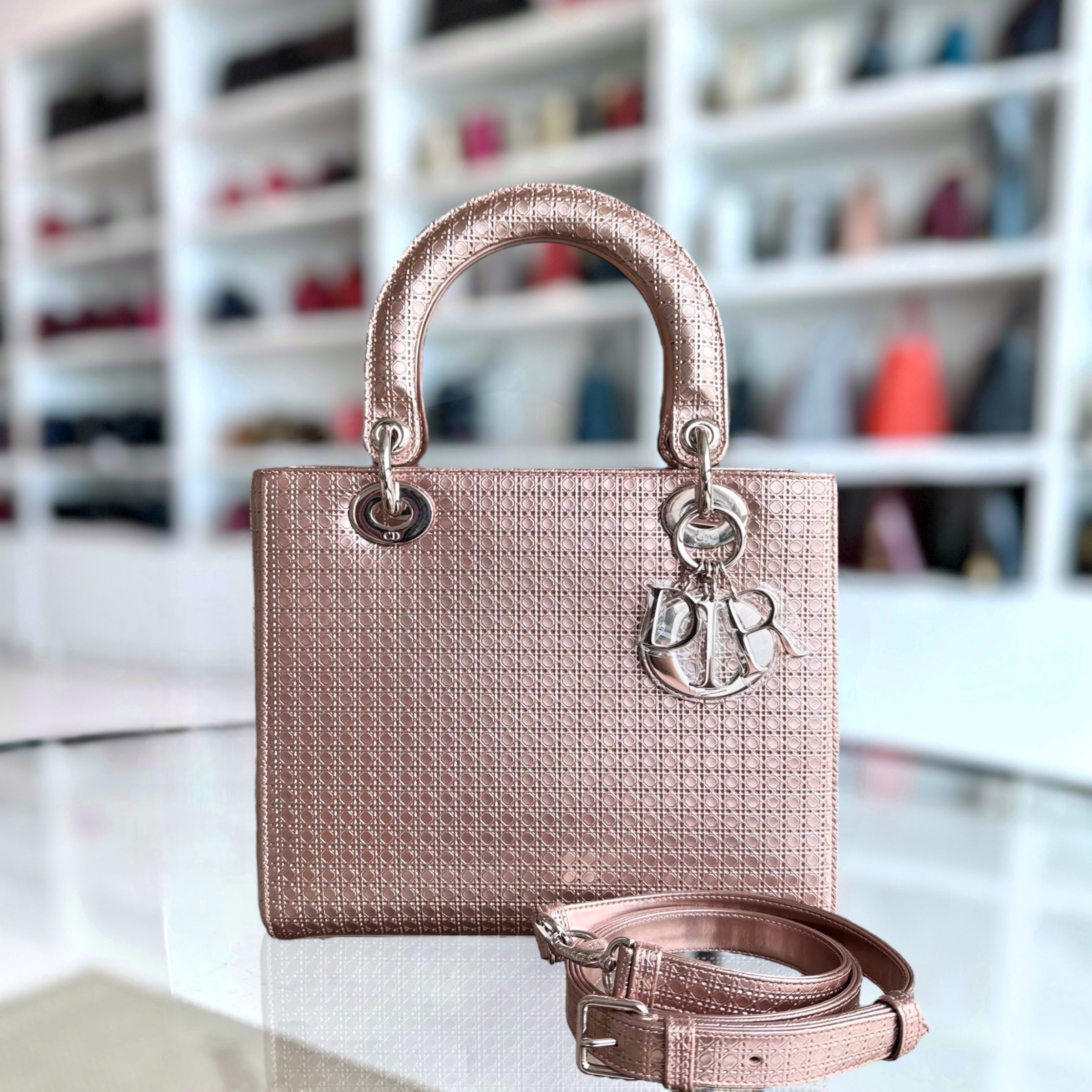 Dior Lady Medium - Cannage Calfskin Metallic Rose Gold Gold Hardware