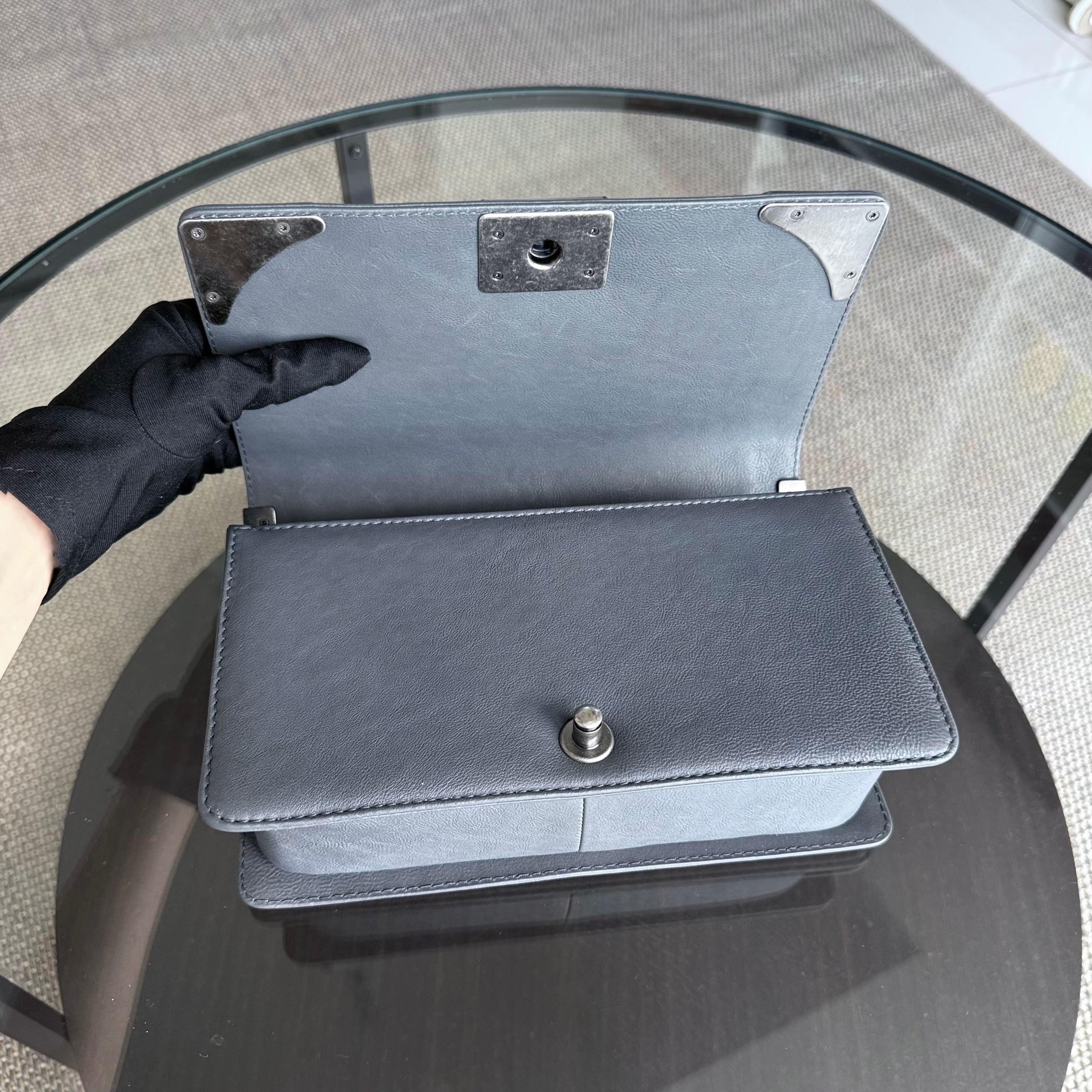 Chanel Boy Medium - 25CM Quilted Limited Edition Paris-Dallas Metal Edge Grained Calfskin Gray Silver Hardware Series 19