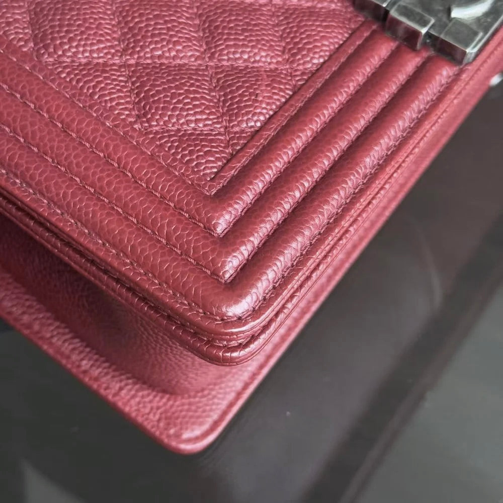 Chanel Boy Medium - Caviar 25CM Quilted Burgundy Dark Red Ruthenium Silver Hardware Series 19