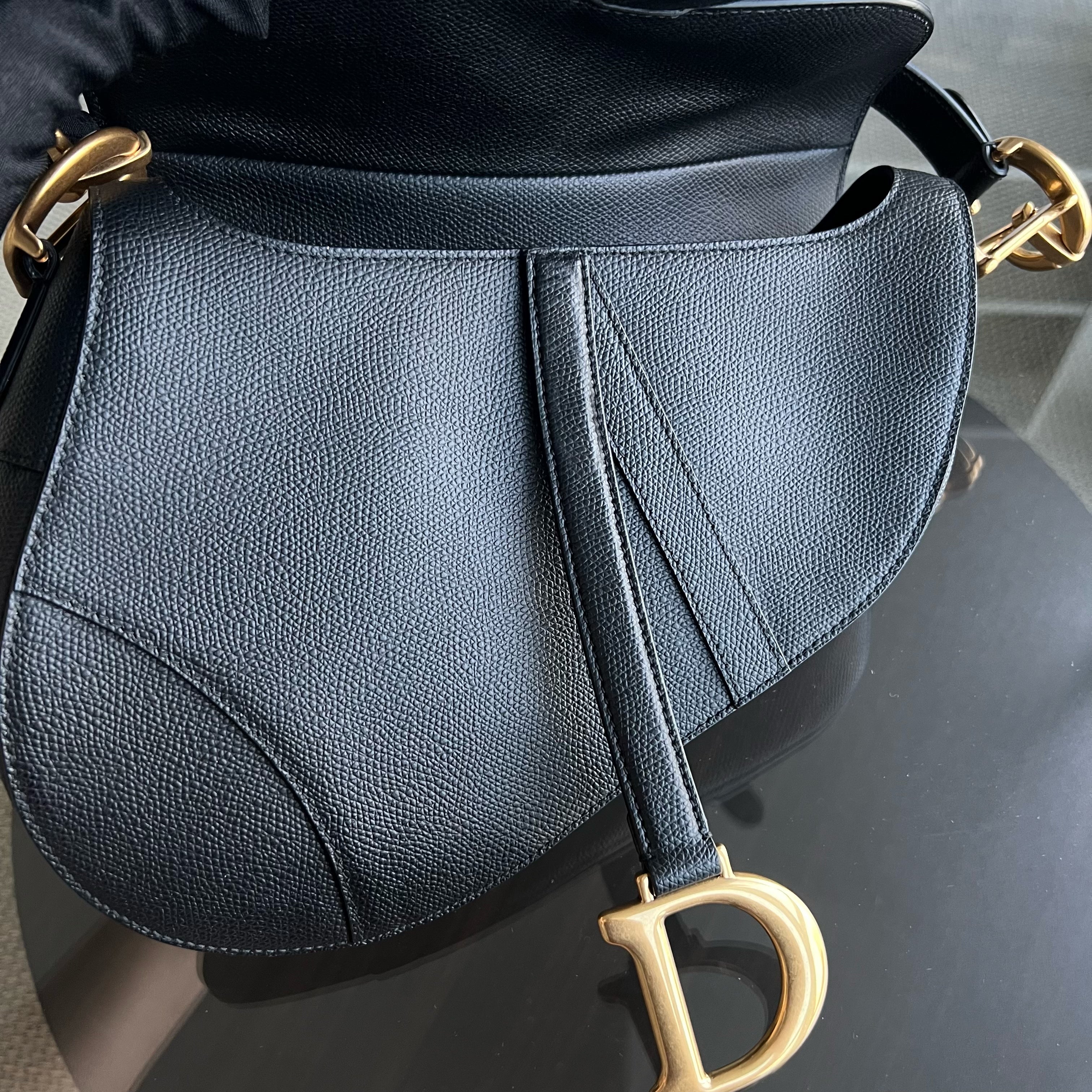 *New Version with Strap* Dior Saddle Medium Grained Calfskin Black Golden Hardware