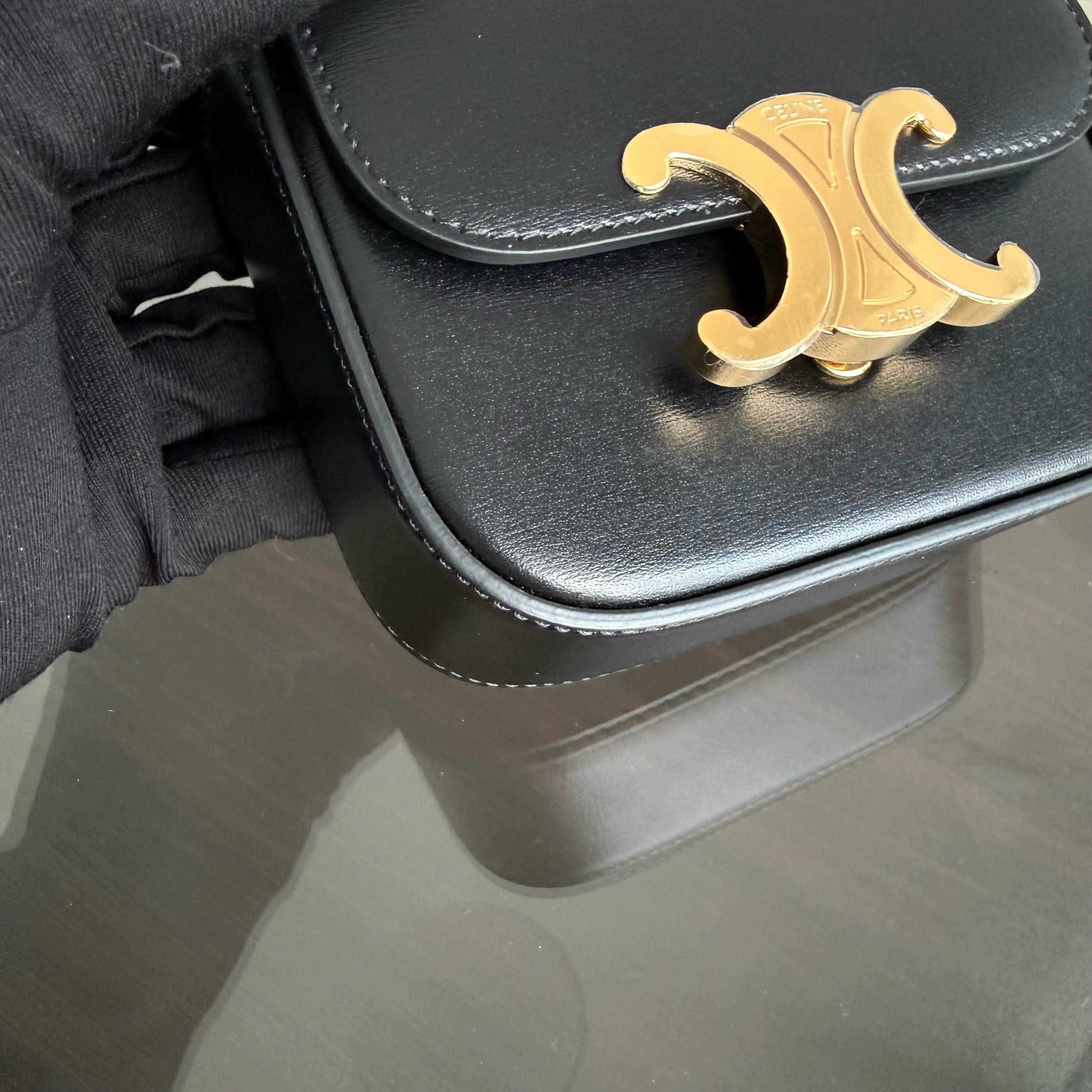 Celine Triomphe Mini Claude Flap Bag in Black Shiny Calfskin and GHW