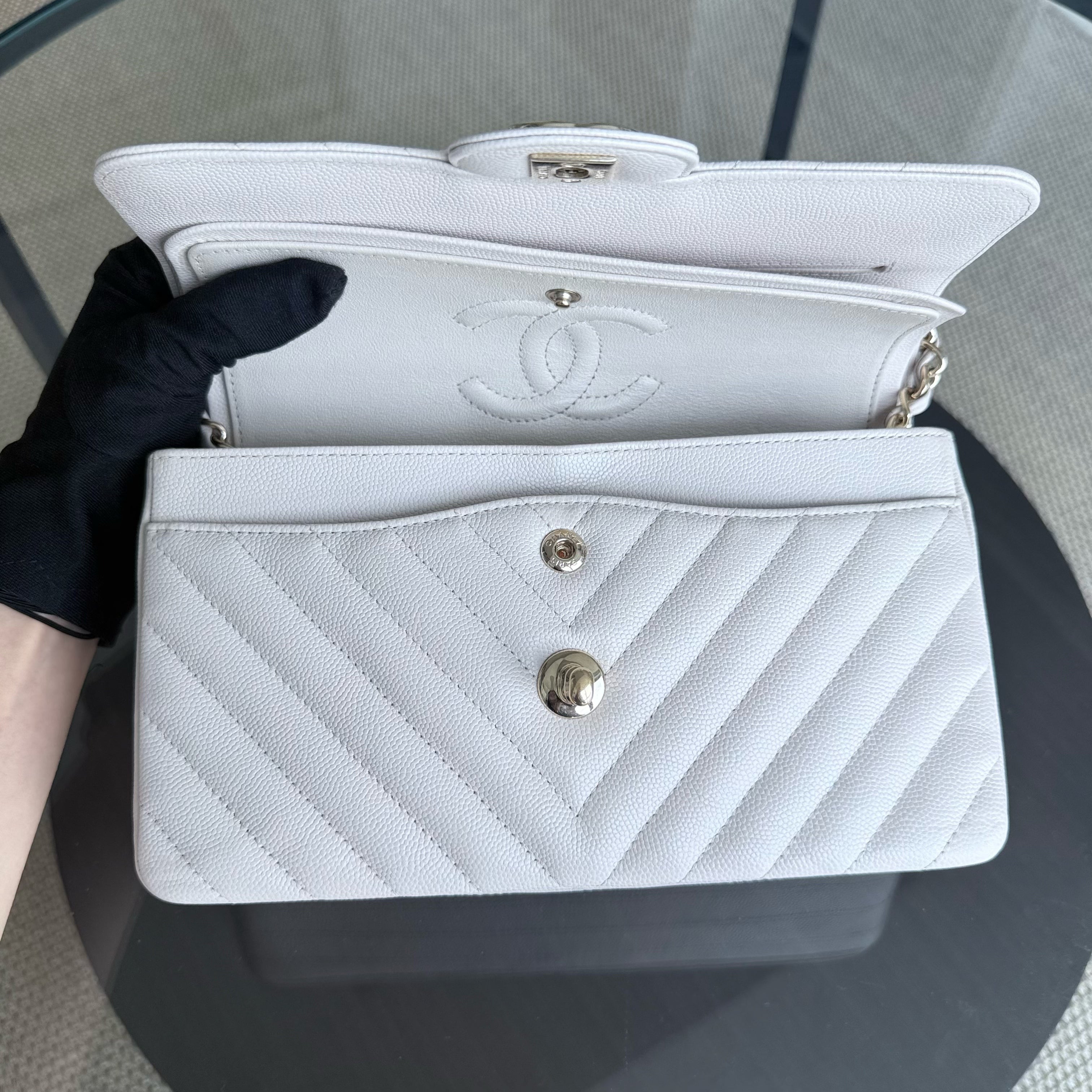 Chanel Classic Flap Small - Caviar 23CM Chevron Cream White Gold Hardware Series 26