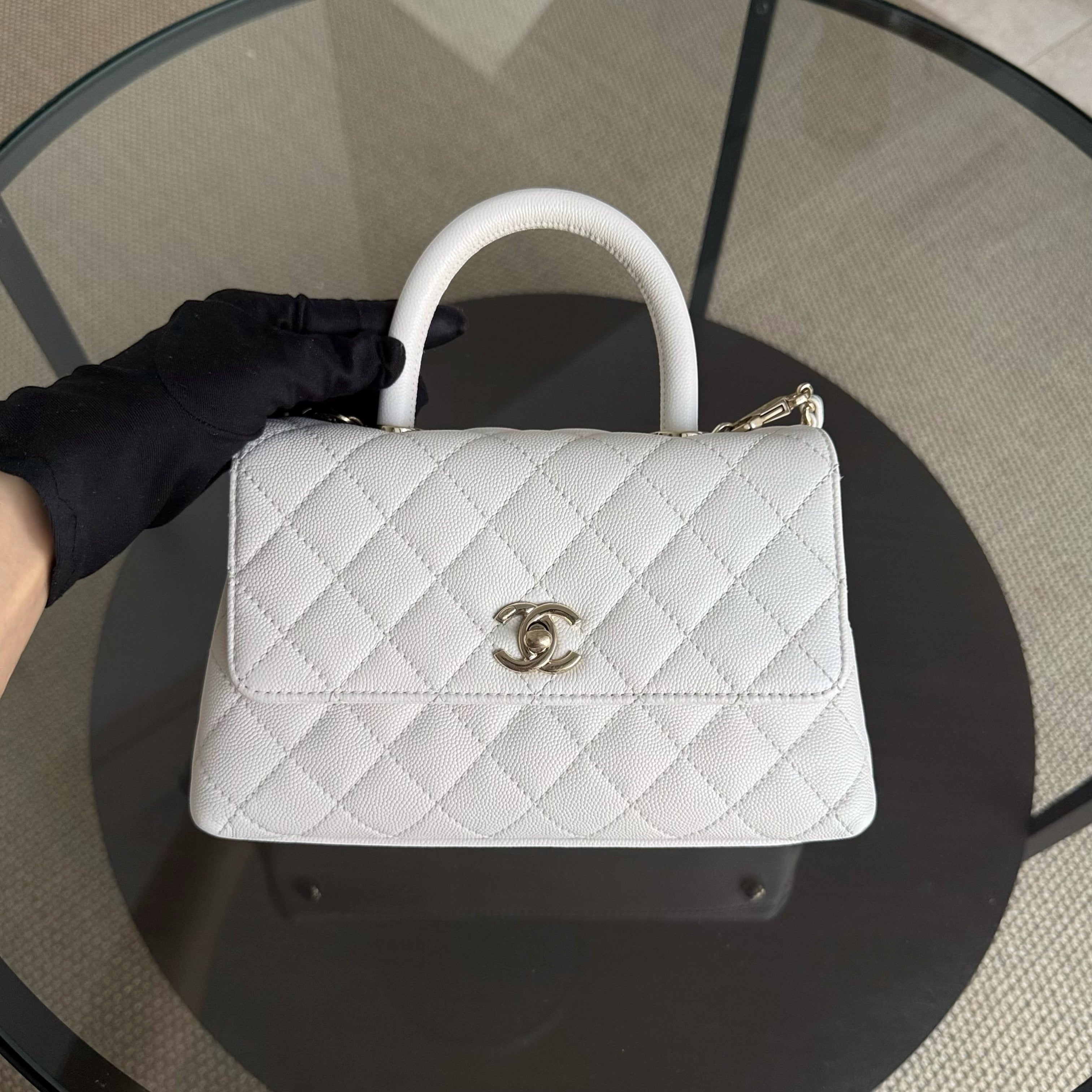 Chanel Coco Handle Small - 24CM Caviar Quilted White Gold Hardware Microchip