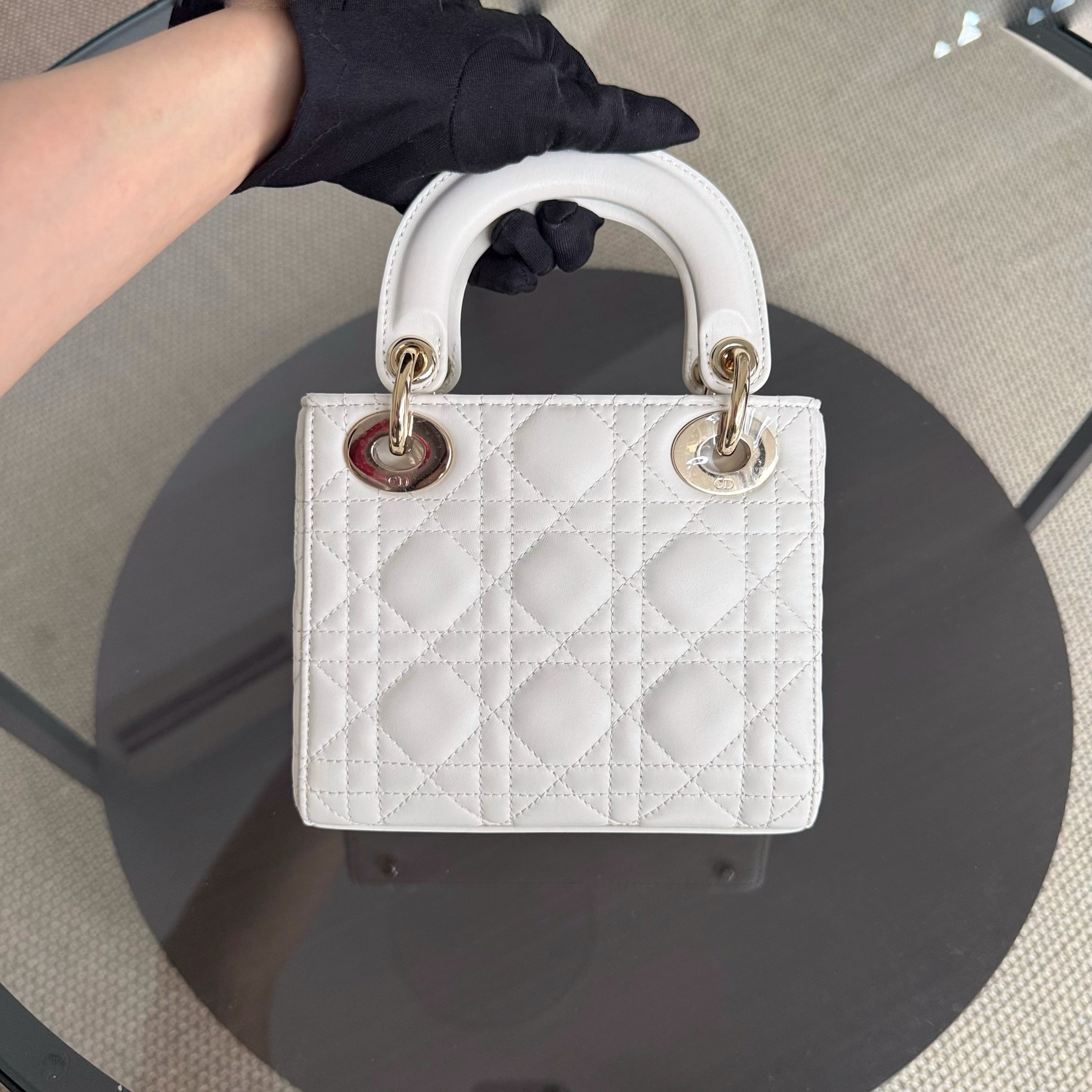 Dior Lady Mini - Year 2024 Cannage Lambskin White Gold Hardware Chain Strap