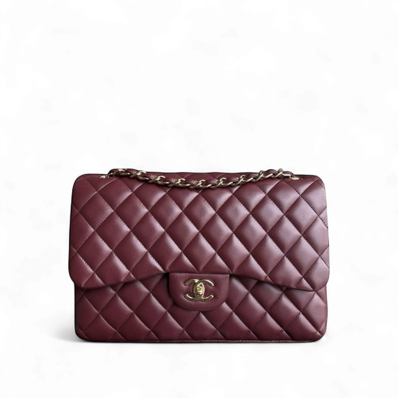 Chanel Classic Flap Jumbo - Double Flap 30CM Quilted Lambskin Burgundy Dark Red Gold Hardware Series 21