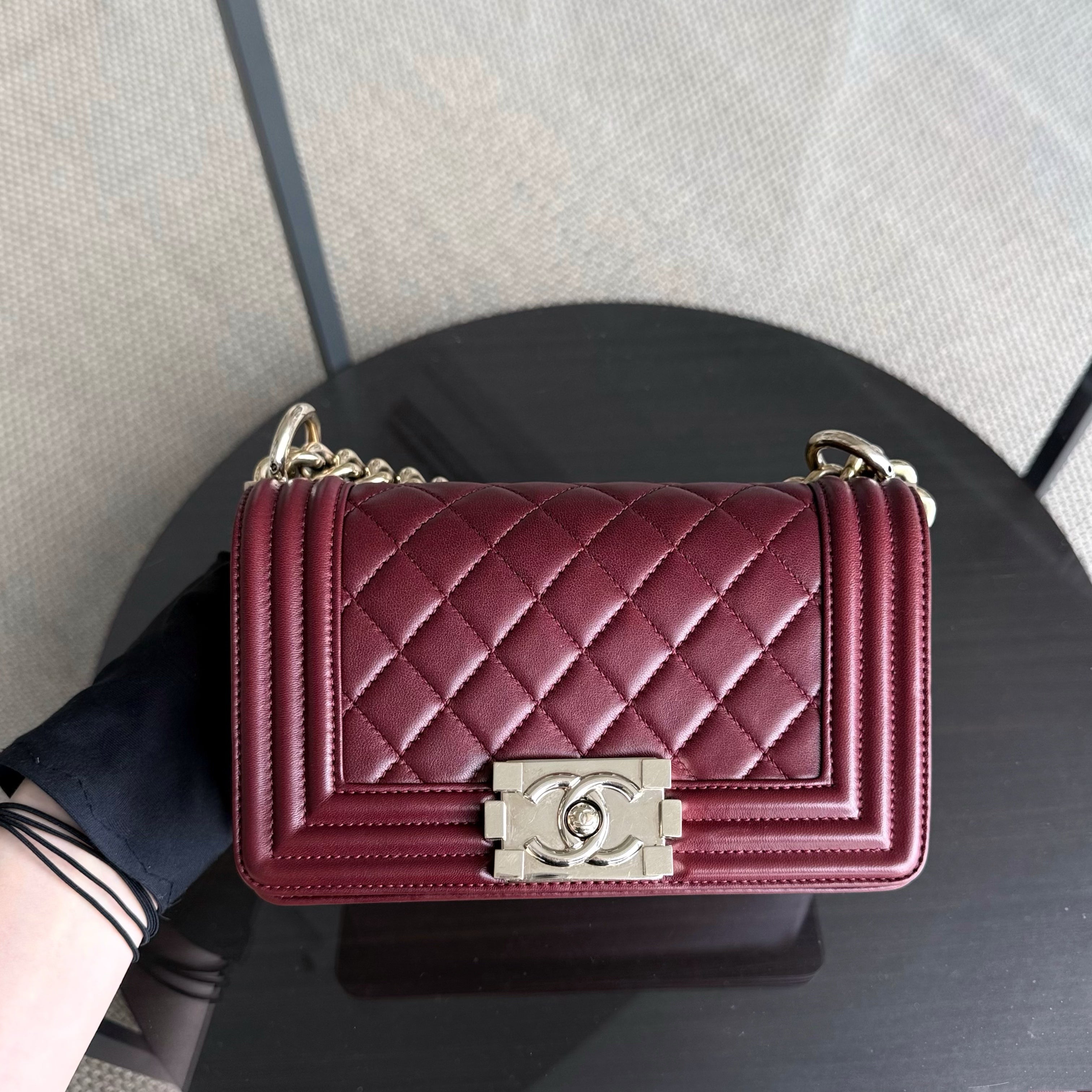 Chanel Boy Small - 20CM Quilted Lambskin Burgundy Dark Red Gold Harwdare Series 22