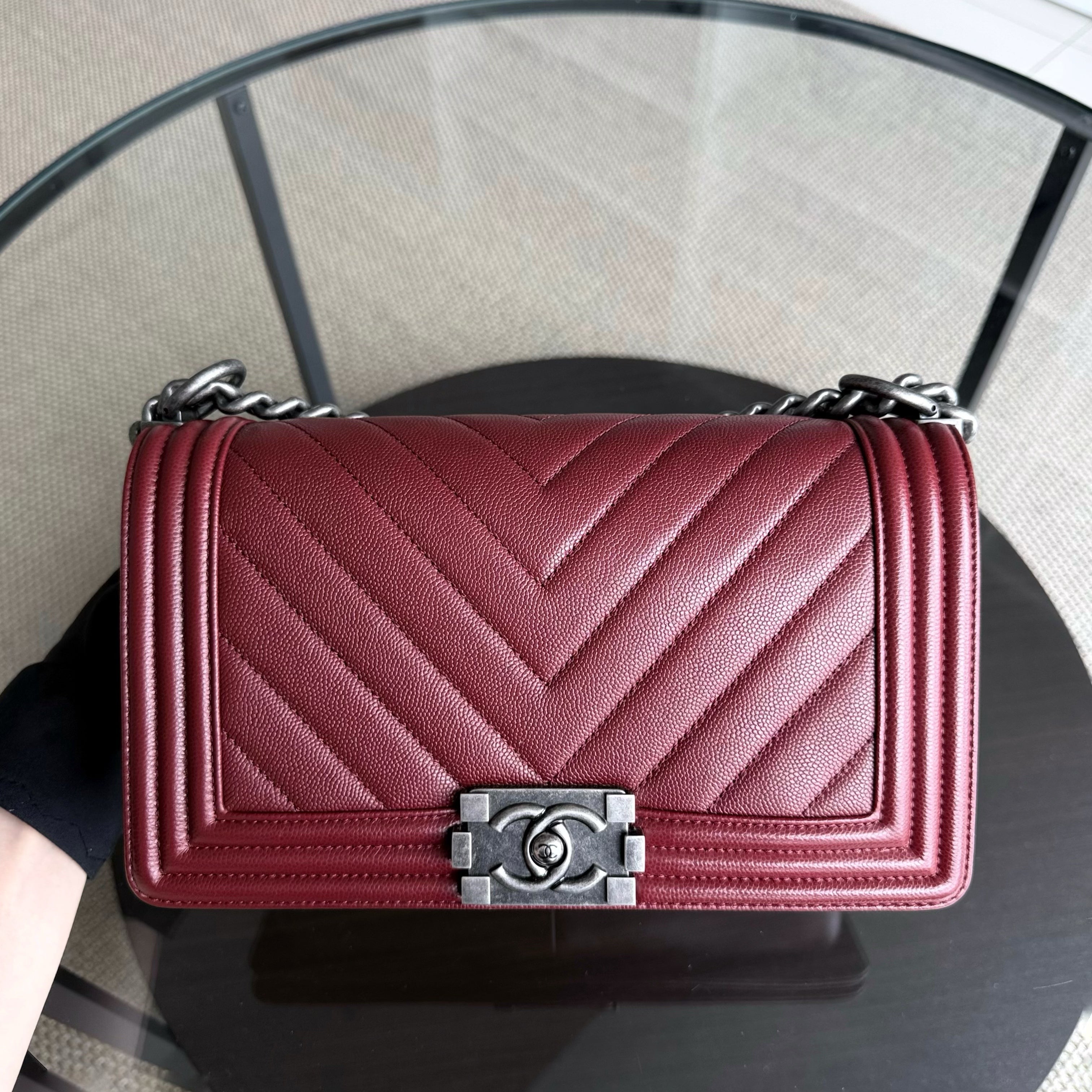 Chanel Boy Medium - Caviar 25CM Chevron Burgundy Dark Red Ruthenium Silver Hardware Series 24