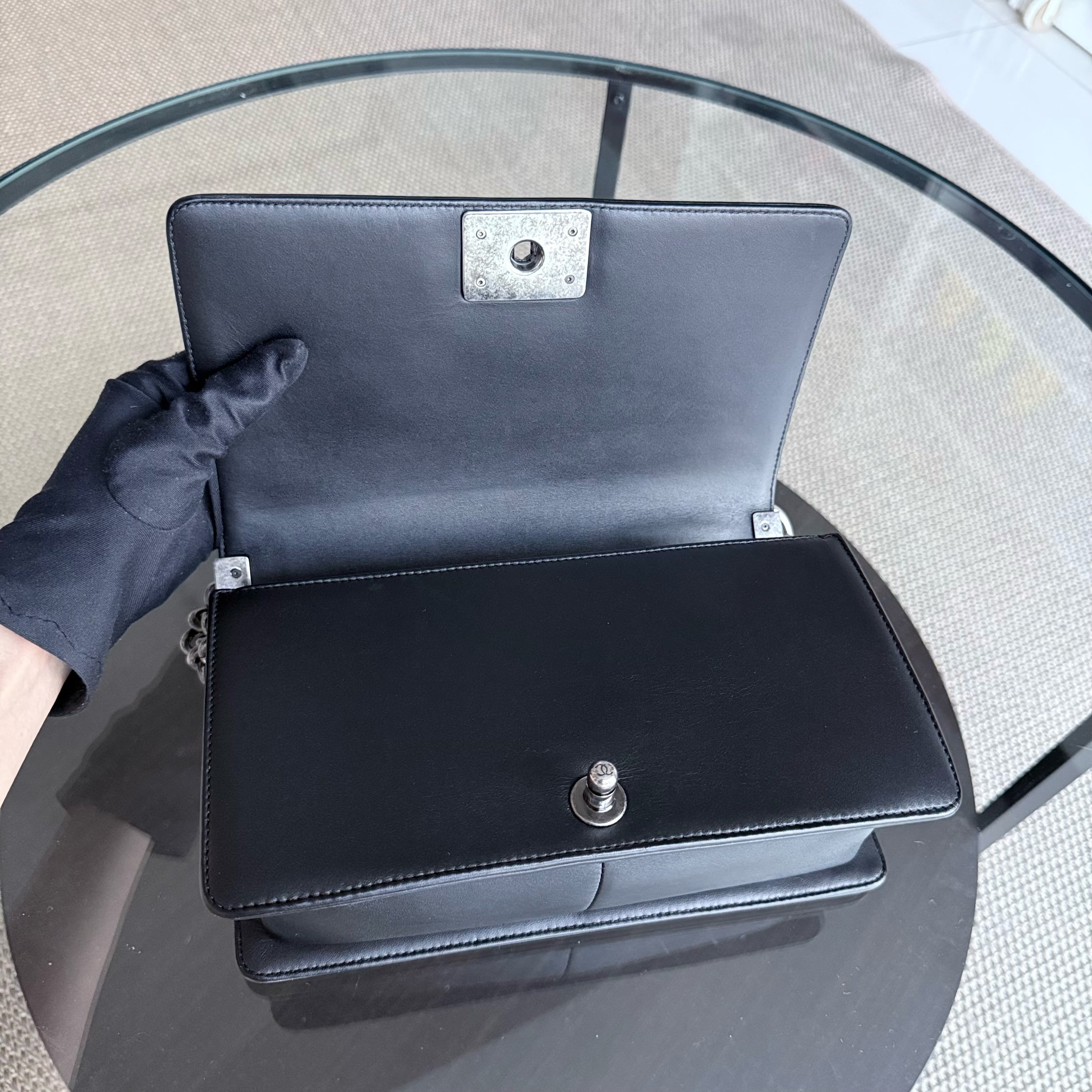 Chanel Boy Old Medium 25CM Quilted Lambskin Black Leboy Ruthenium Silver Hardware