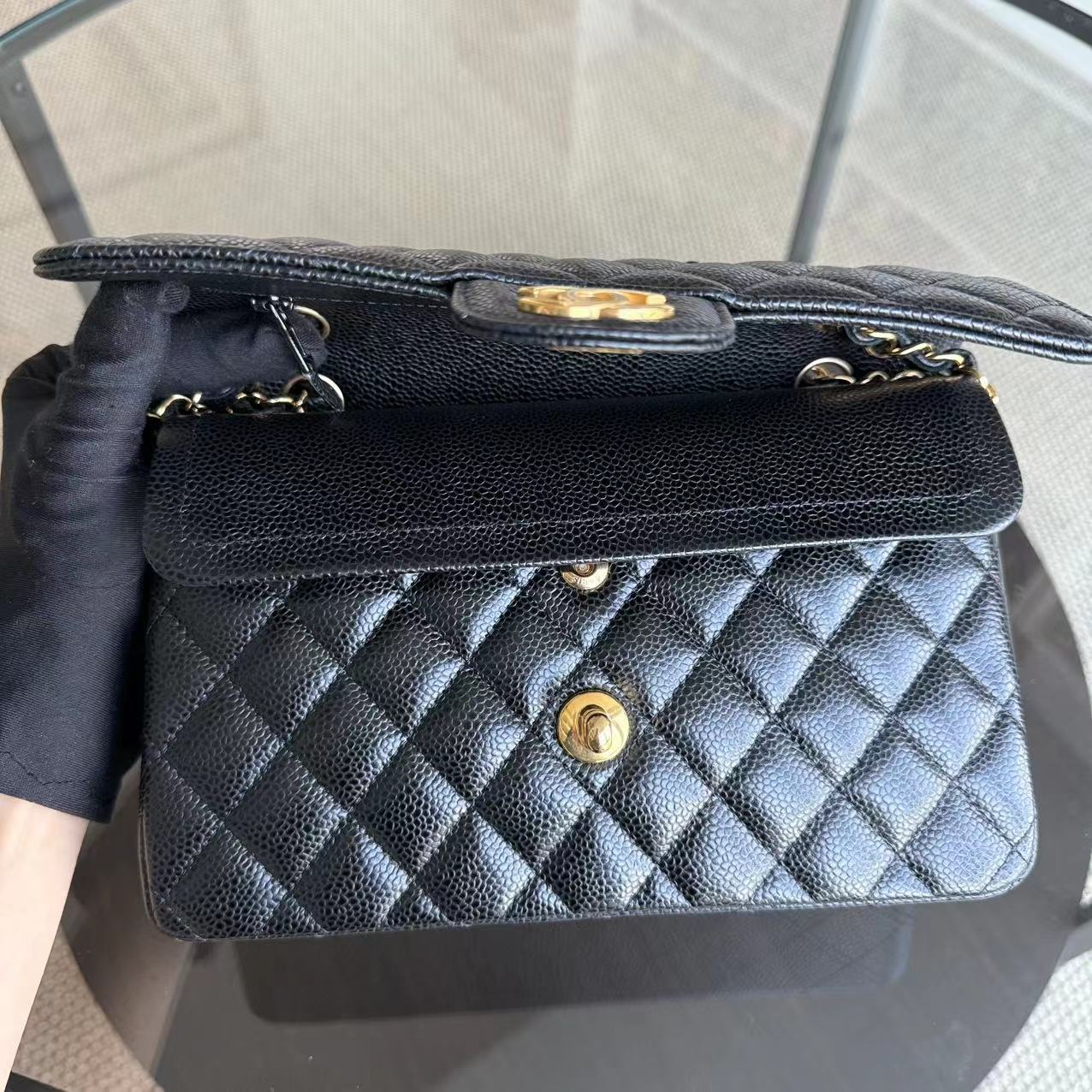 *Microchip, Full Set Receipt* Chanel Small Caviar Classic Flap Quilted Black Golden Hardware