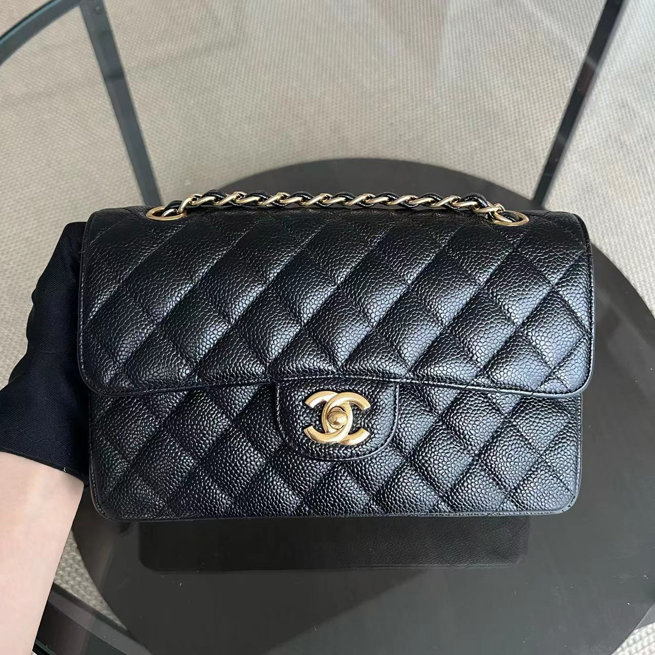 Small Caviar Classic Flap Quilted Grained Calfskin Black Golden Hardware Series 15