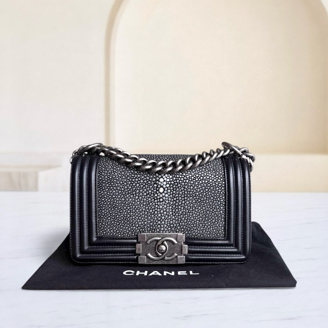 Chanel Boy Small - Small Galuchat Stingray Blue Ruthenium Silver Hardware Series 18