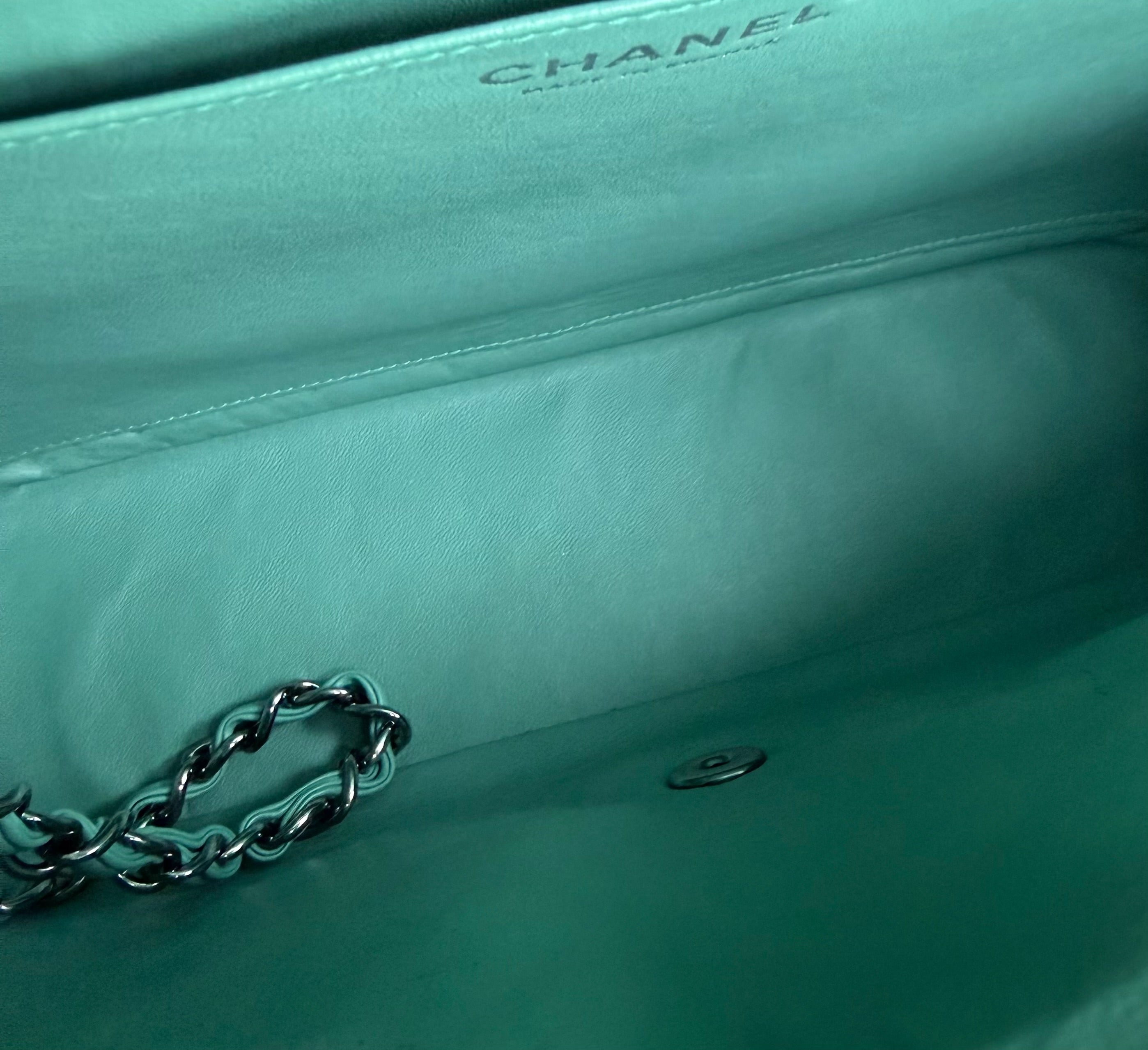 Chanel Classic Flap Maxi - 33CM Quilted Single Flap Lambskin Tiffiny Blue Silver Hardware Series 13