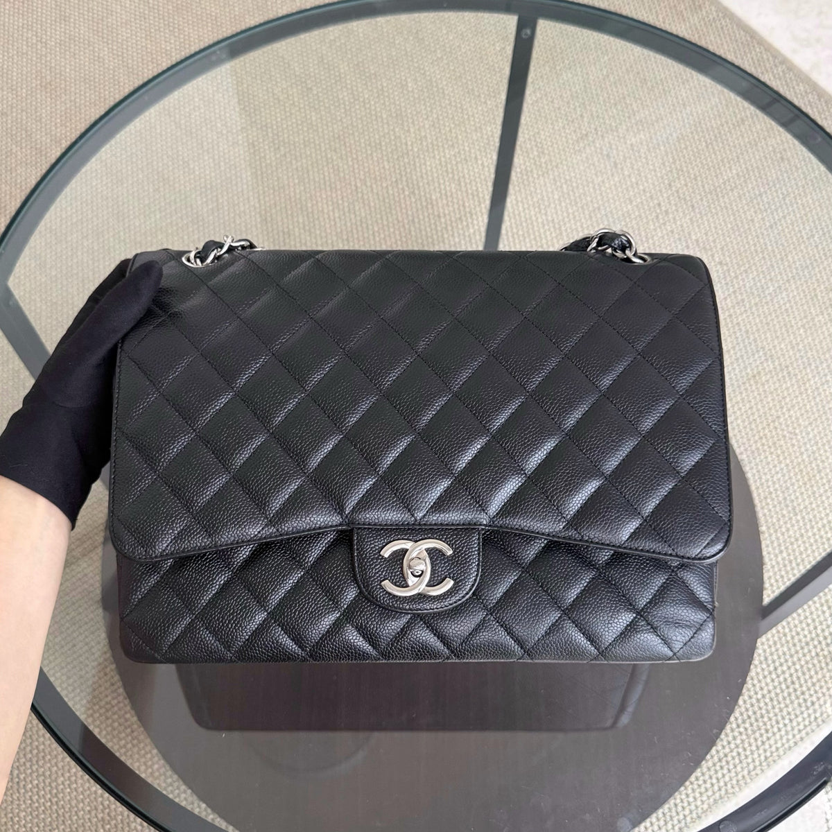 Chanel Classic Flap Maxi - Caviar 33CM Double Flap Black Silver Hardware Series 14