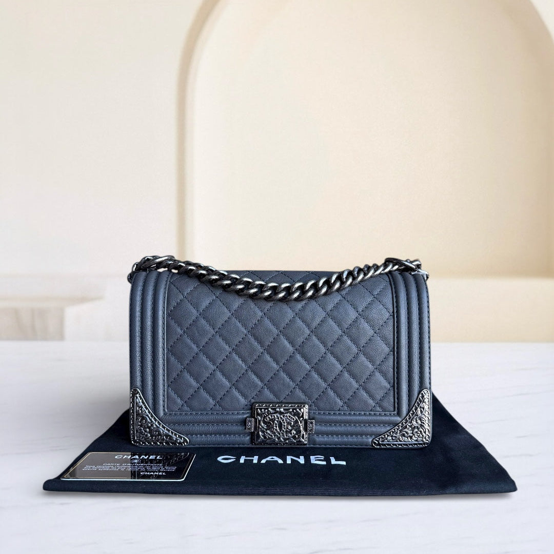 Chanel Boy Medium - 25CM Quilted Limited Edition Paris-Dallas Metal Edge Grained Calfskin Gray Silver Hardware Series 19