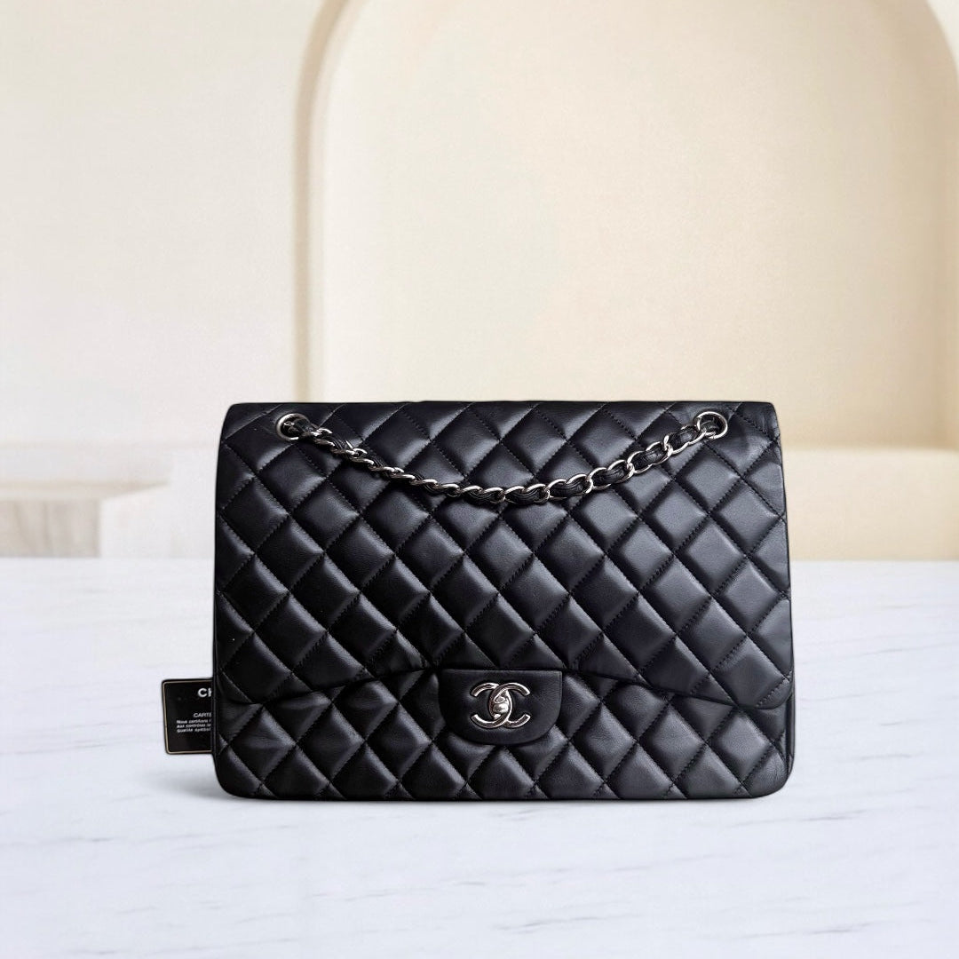 Chanel Classic Flap Maxi - 34CM Quilted Single Flap Lambskin Black Silver Hardware Series 13
