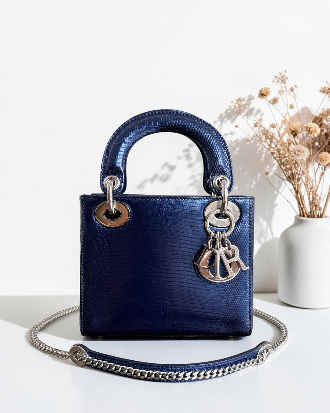 Dior Lady Mini - Exotic Lizard Dark Blue Silver Hardware