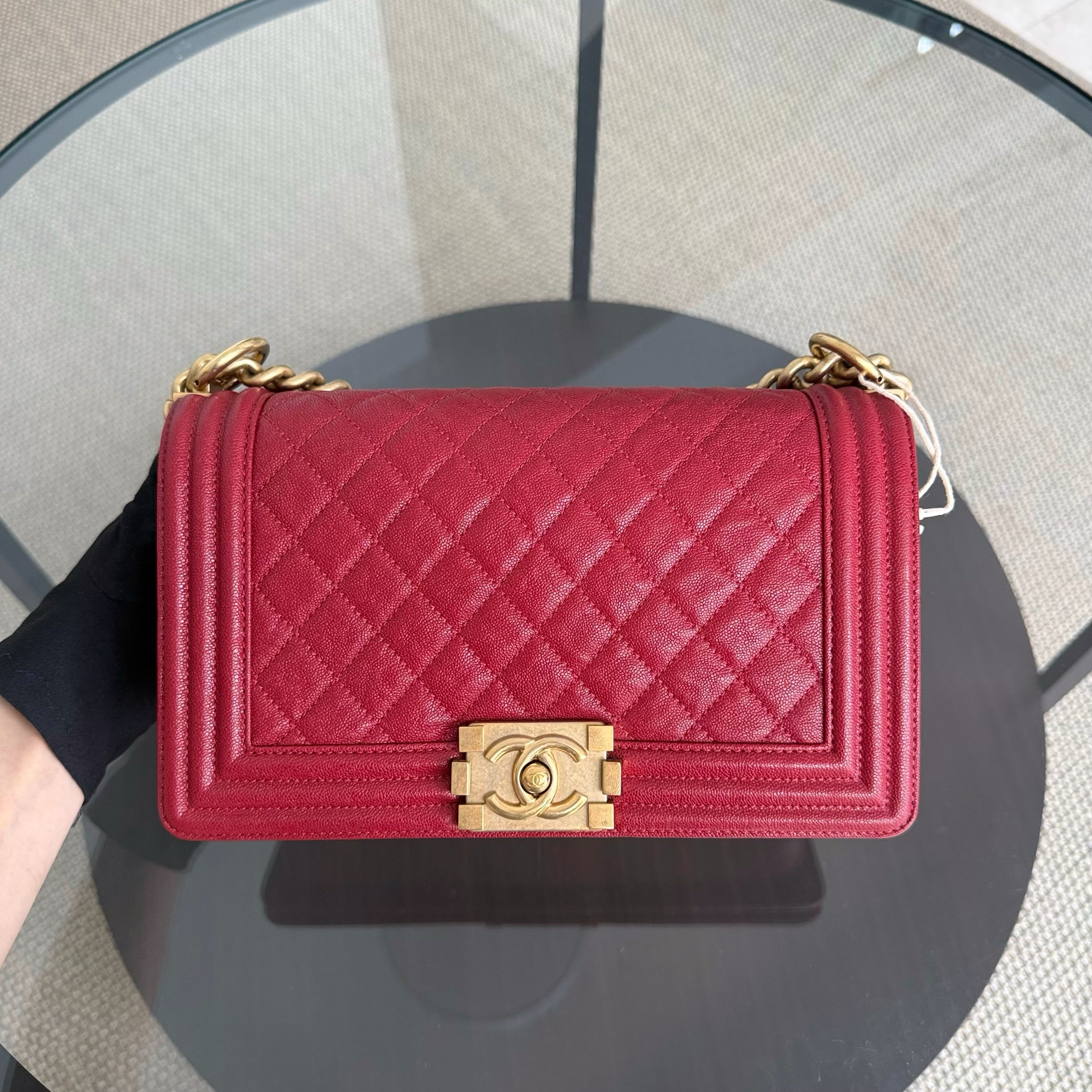 Chanel Boy Medium - Caviar 25CM Quilted Red Gold Hardware Series 27