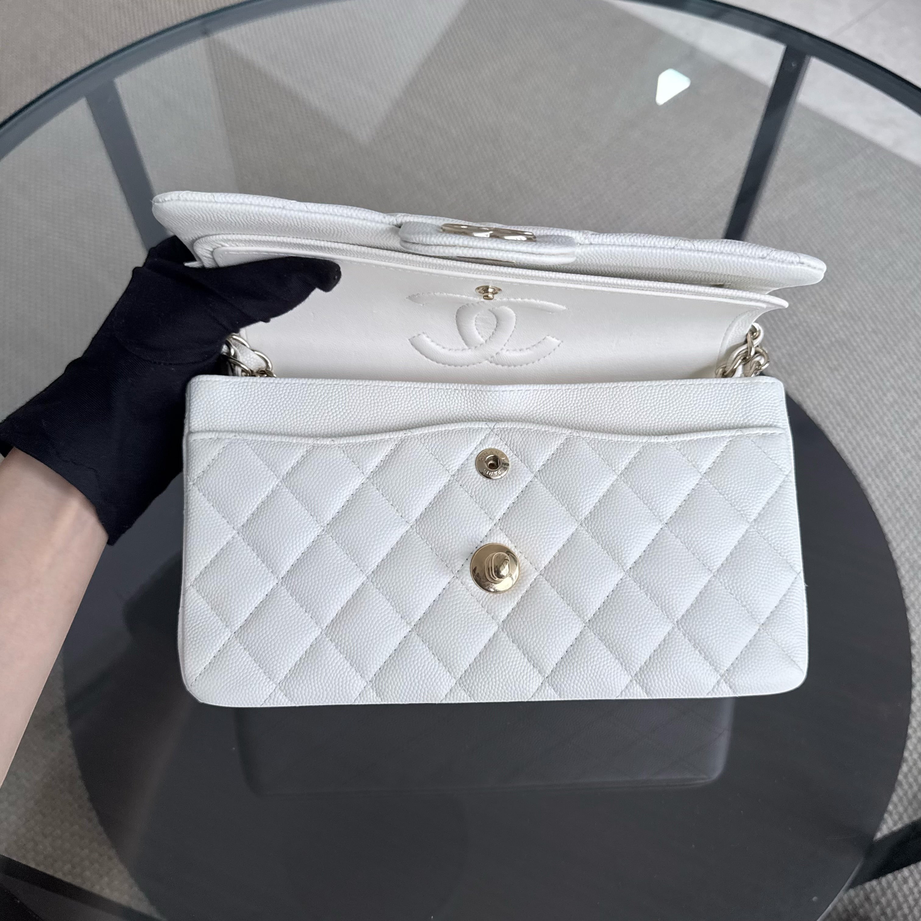 Chanel Classic Flap Small - Caviar 23CM Quilted White Light Gold Hardware Microchip
