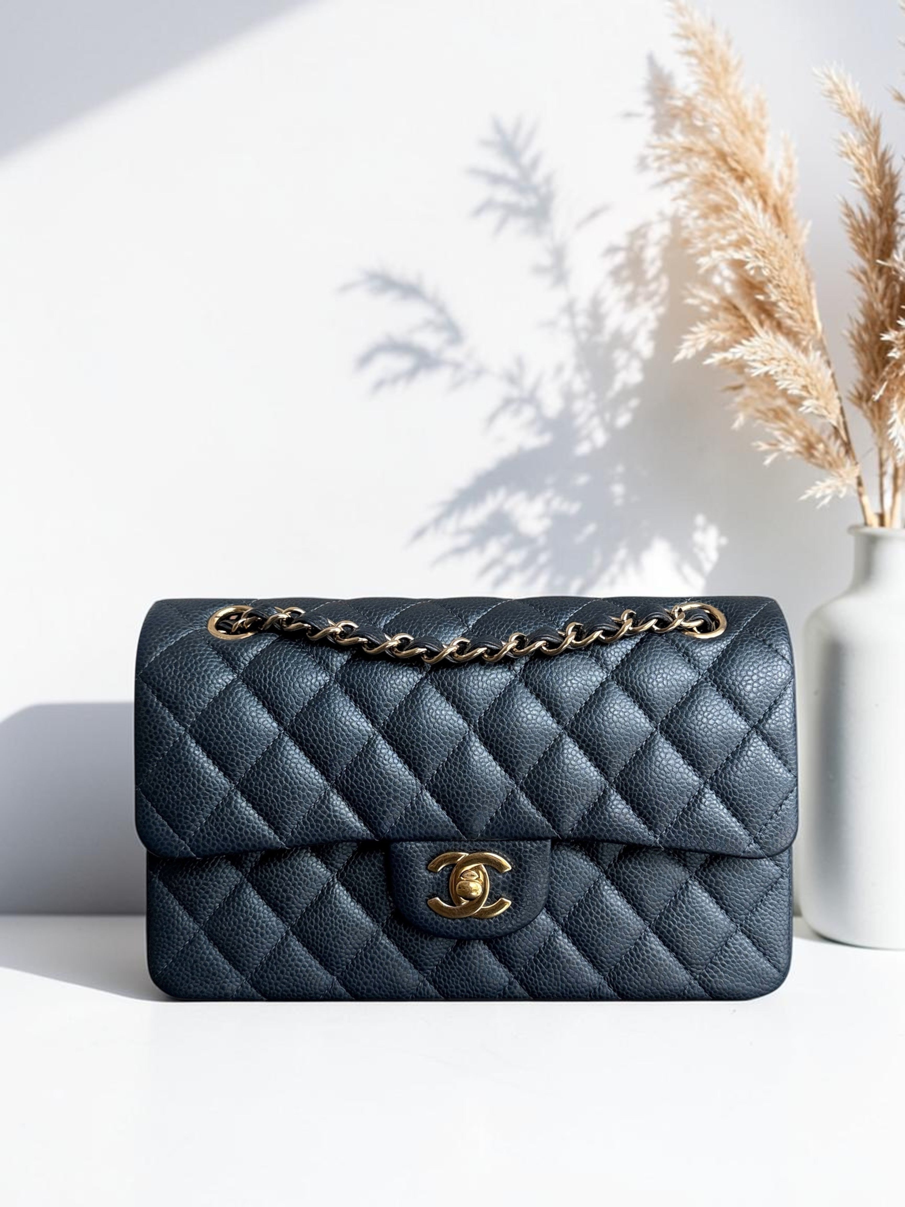 Chanel Classic Flap Small - Caviar 23CM Quilted Blue Gold Hardware Series 25