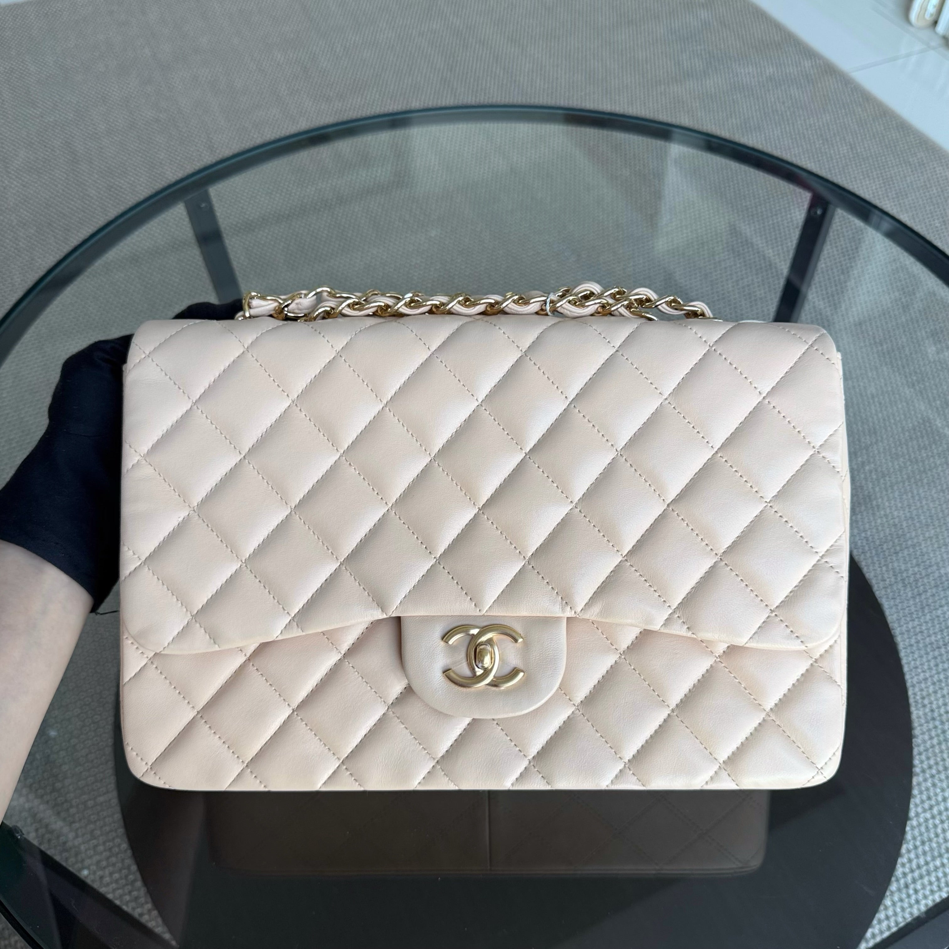 Chanel Classic Flap Jumbo - 30CM Single Flap Quilted Lambskin Beige Gold Hardware Series 13
