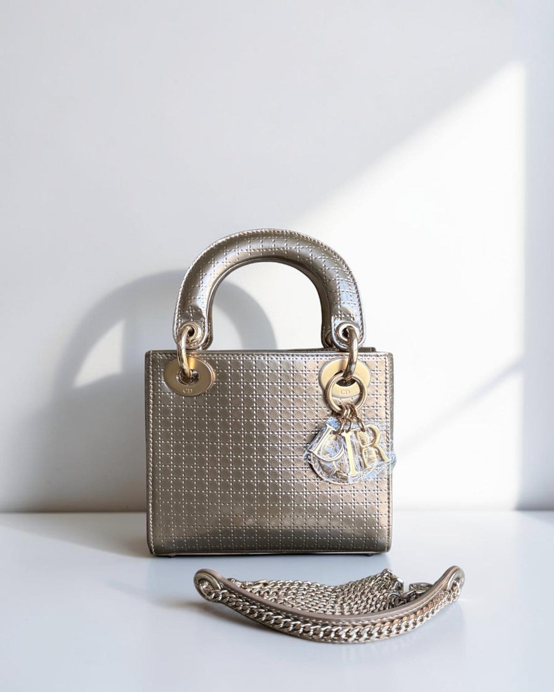 Dior Lady Mini - Calfskin Micro-Cannage Metallic Gold Gold Hardware Chain Strap