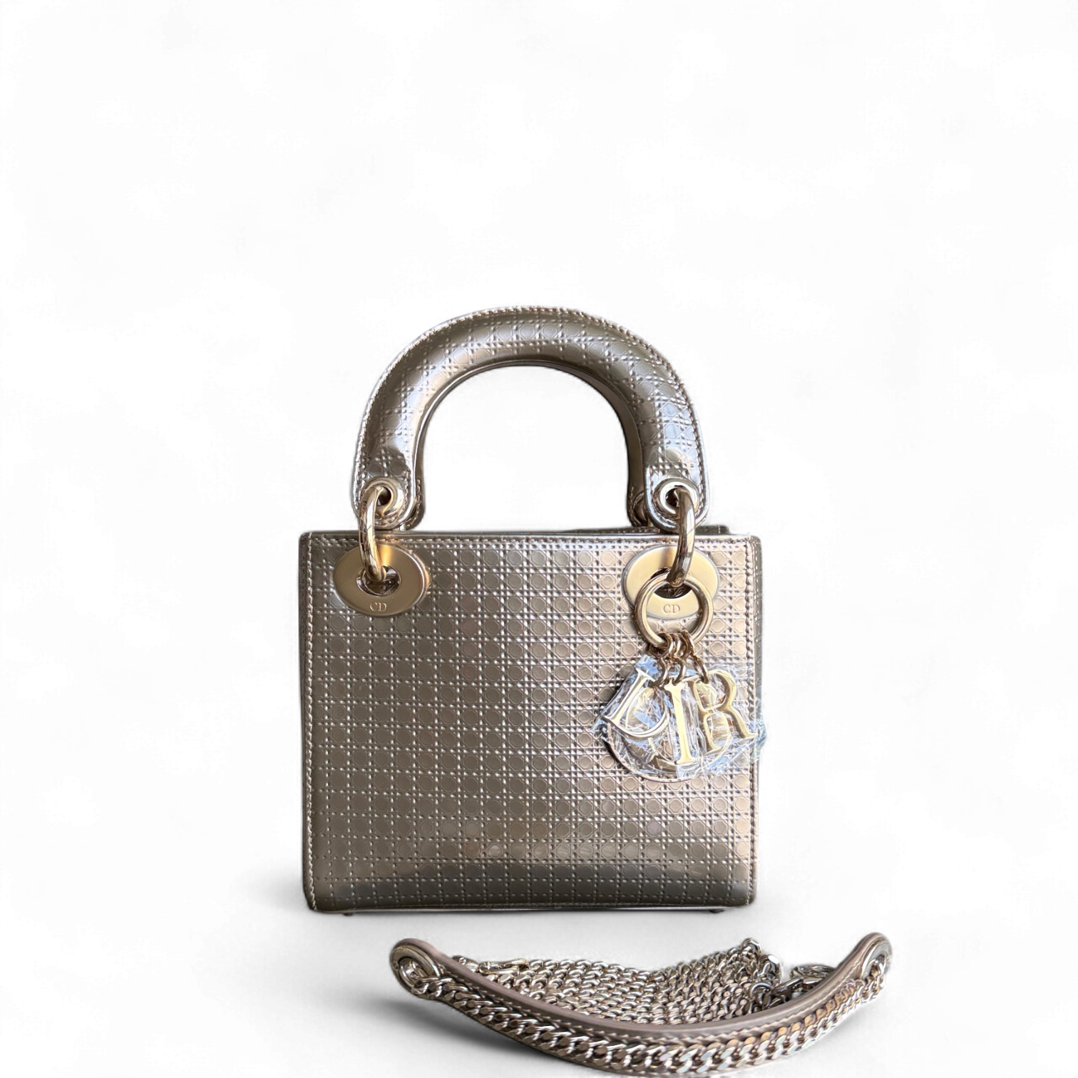 Dior Lady Mini - Calfskin Micro-Cannage Metallic Gold Gold Hardware Chain Strap