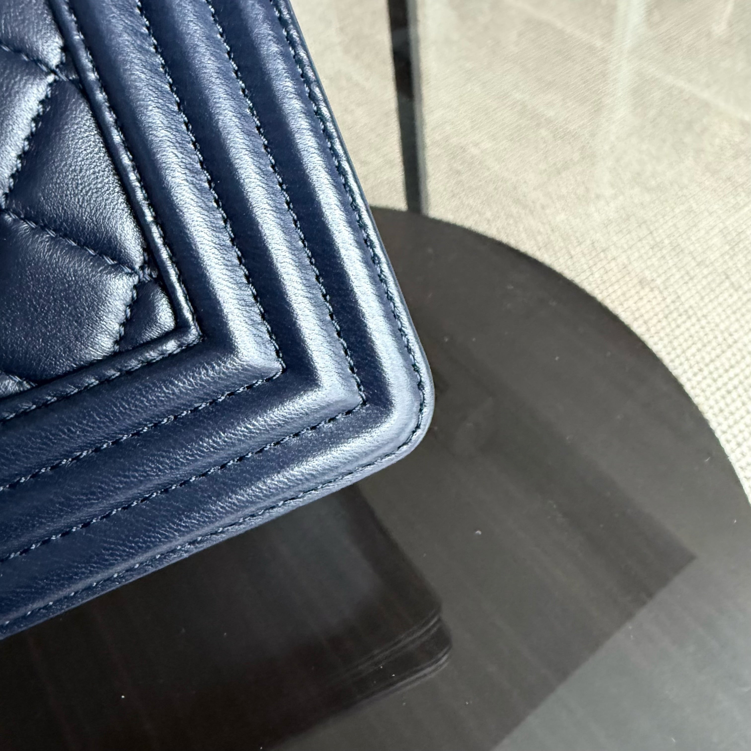 Chanel Boy New Medium - 28CM Quilted Lambskin Dark Blue Gold Hardware Series 22