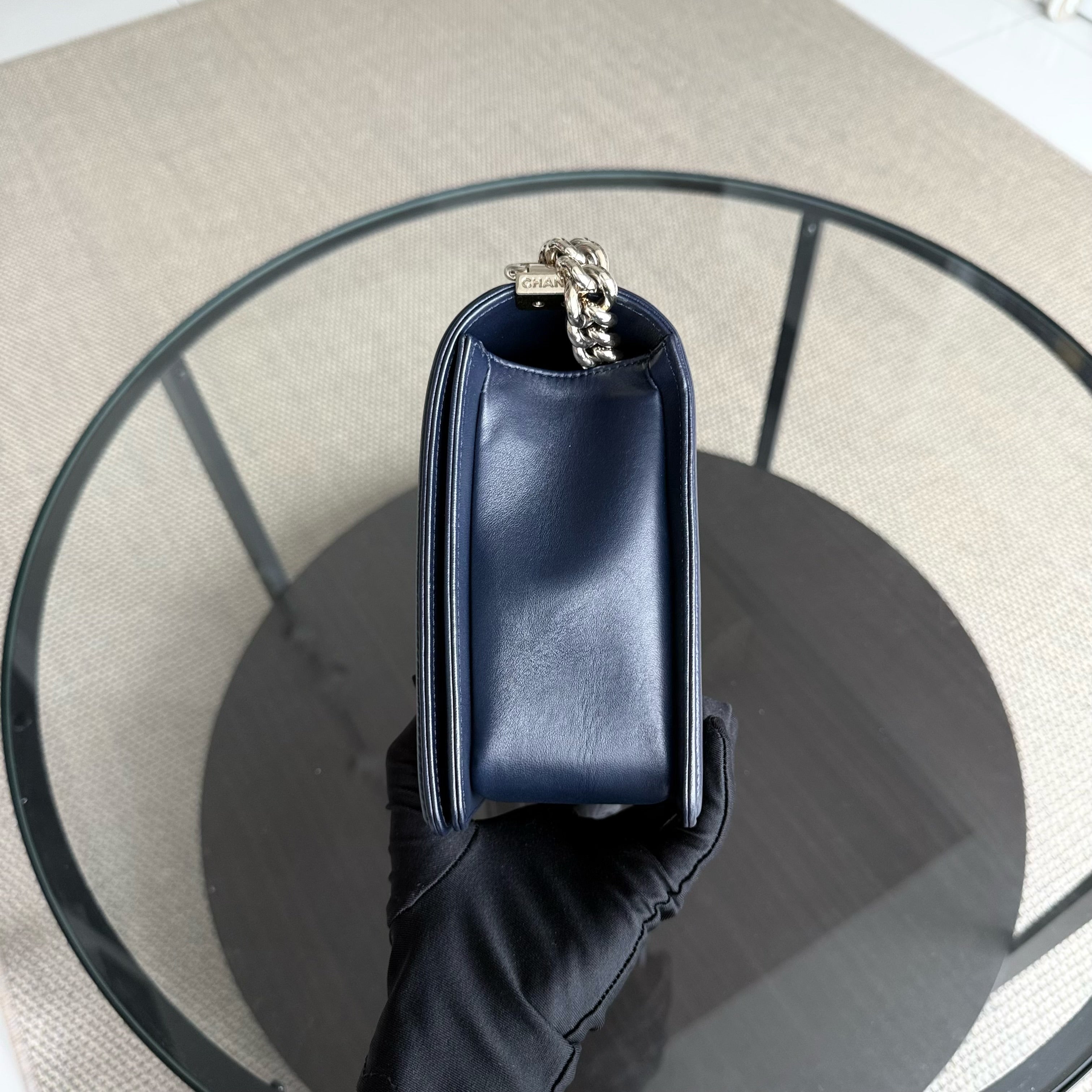 Chanel Boy New Medium - 28CM Quilted Lambskin Dark Blue Gold Hardware Series 22