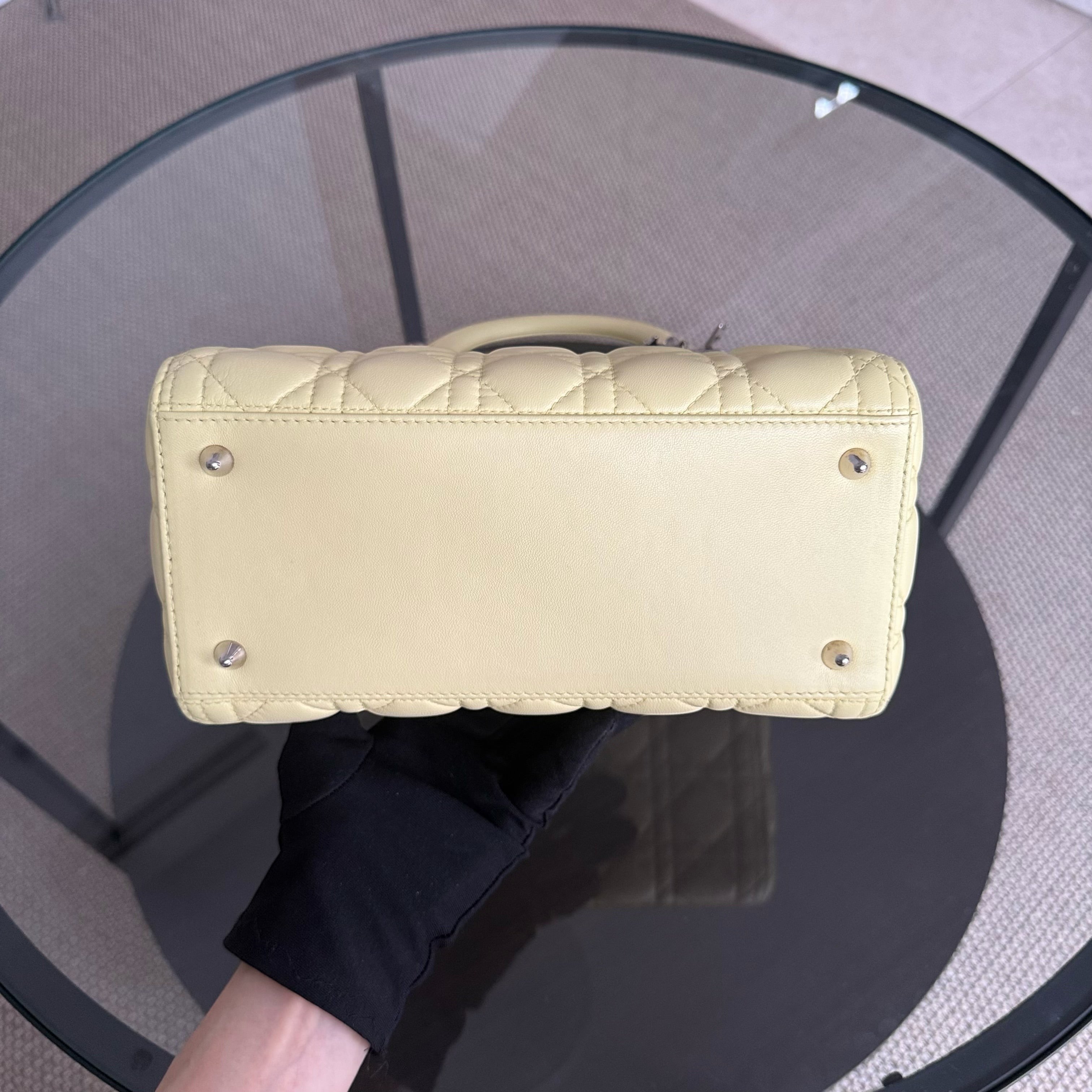 Dior Lady Medium - Cannage Lambskin Light Yellow Silver Hardware