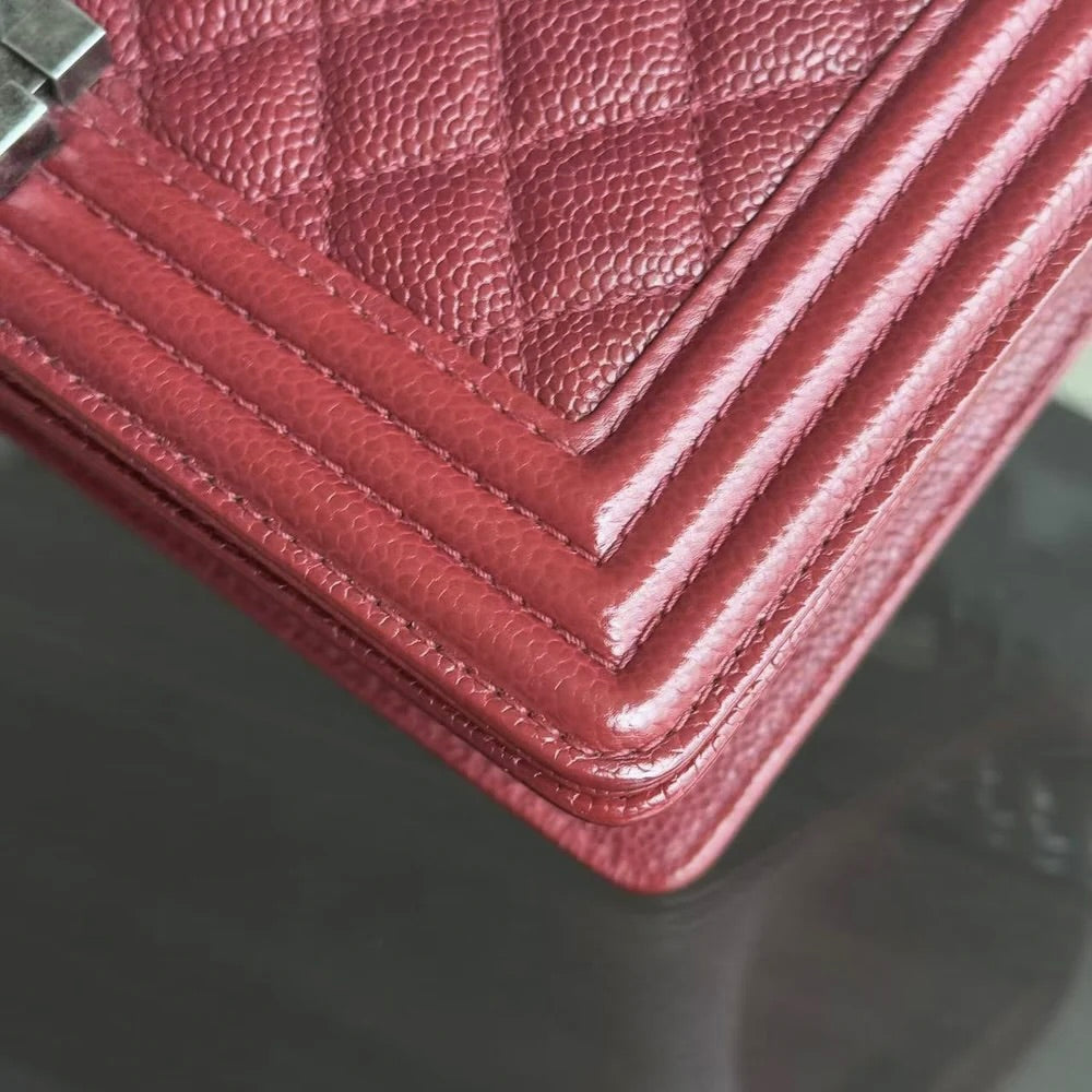 Chanel Boy Medium - Caviar 25CM Quilted Burgundy Dark Red Ruthenium Silver Hardware Series 19