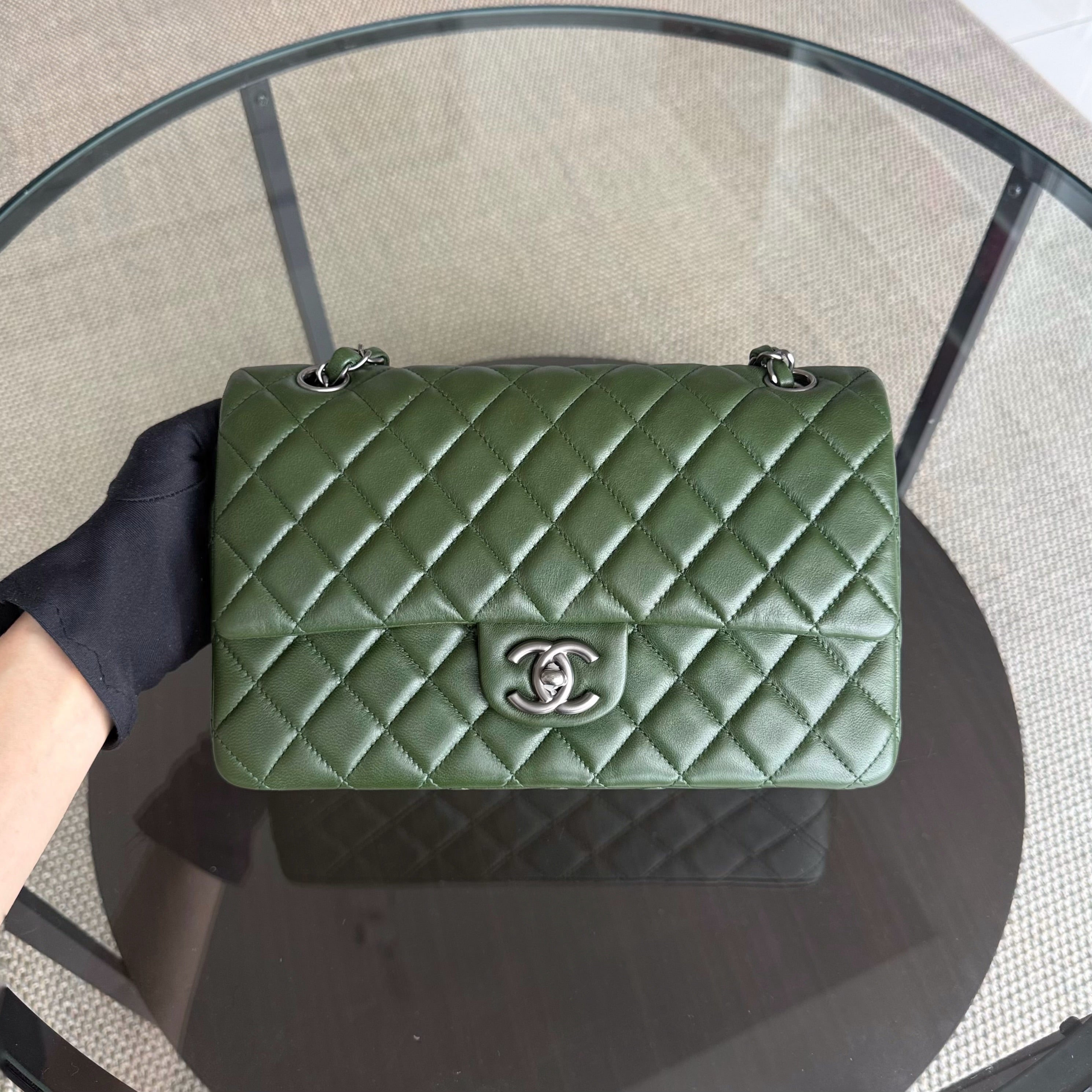 Chanel Classic Flap Medium - 25CM Quilted Lambskin Dark Green Silver Hardware Series 12