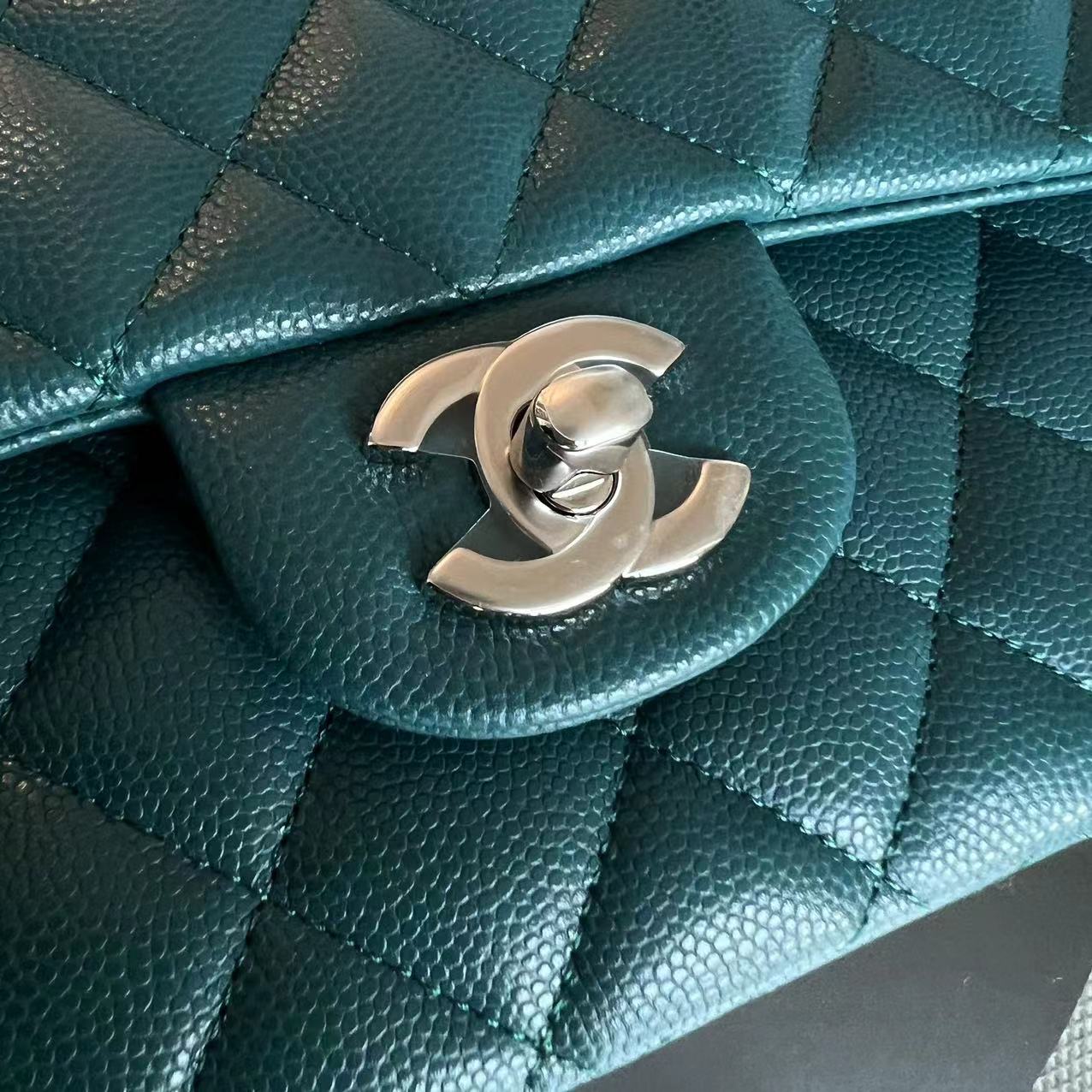 *Unused* Chanel Caviar Medium Classic Flap Quilted Calfskin Jade Green Blue SHW No 26
