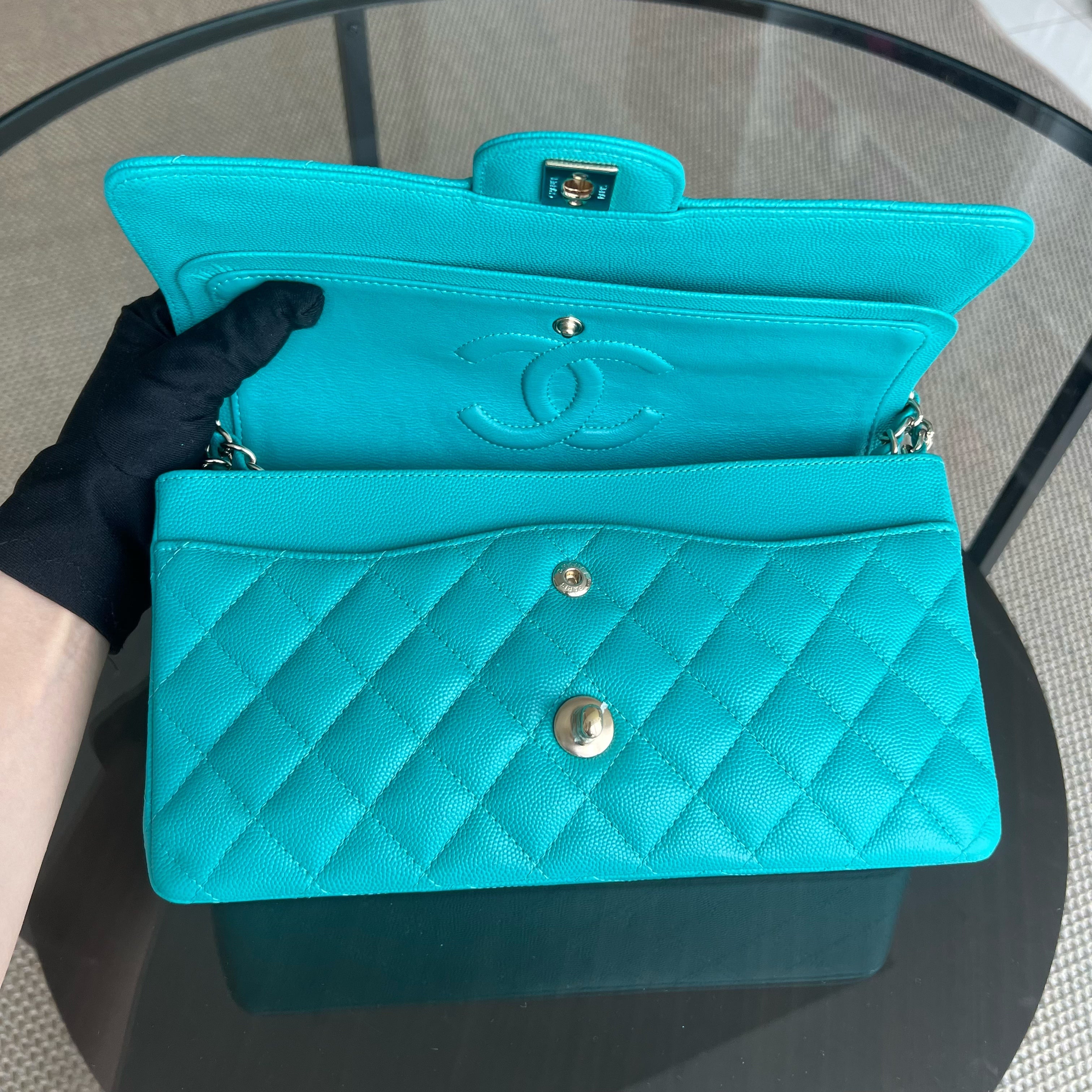 Chanel Classic Flap Medium - Caviar 25CM Quilted Cyan Blue Gold Hardware Series 23