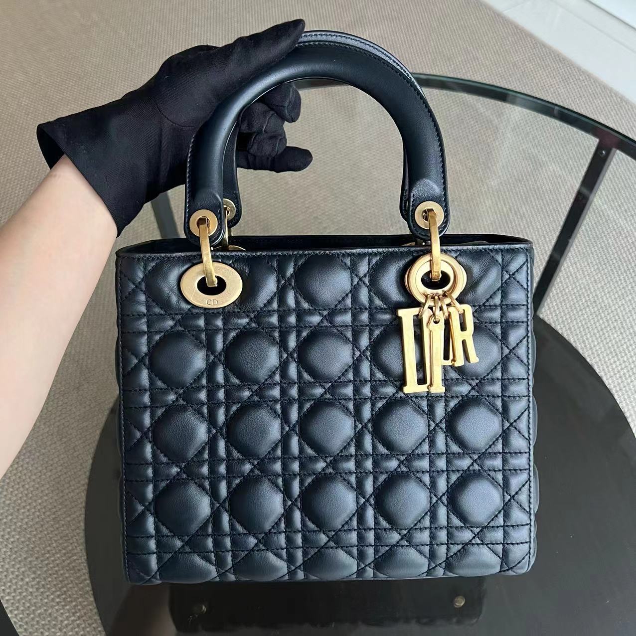 *Calfskin, Flap, With Strap* Dior Lady Medium - Calfskin Cannage Calfskin Dark Blue Golden Hardware