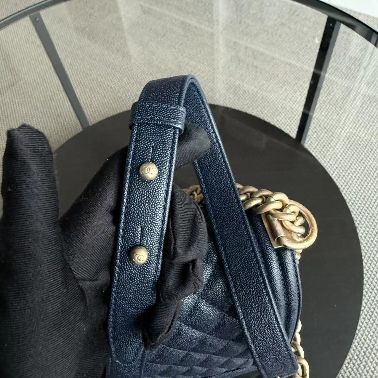 Chanel Boy Medium - 25CM Caviar Quilted Dark Navy Blue Gold Hardware