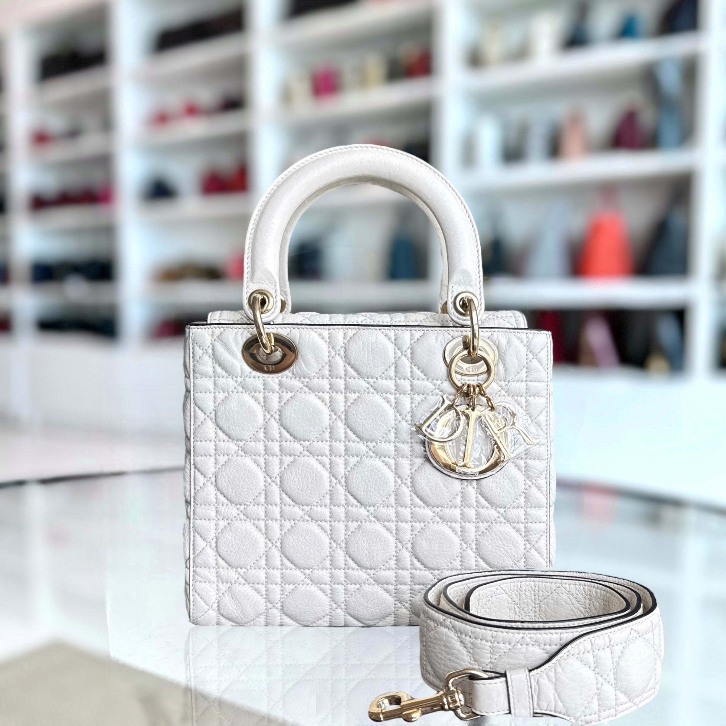 Dior Lady Medium Flap - Calfskin Cannage White Gold Hardware