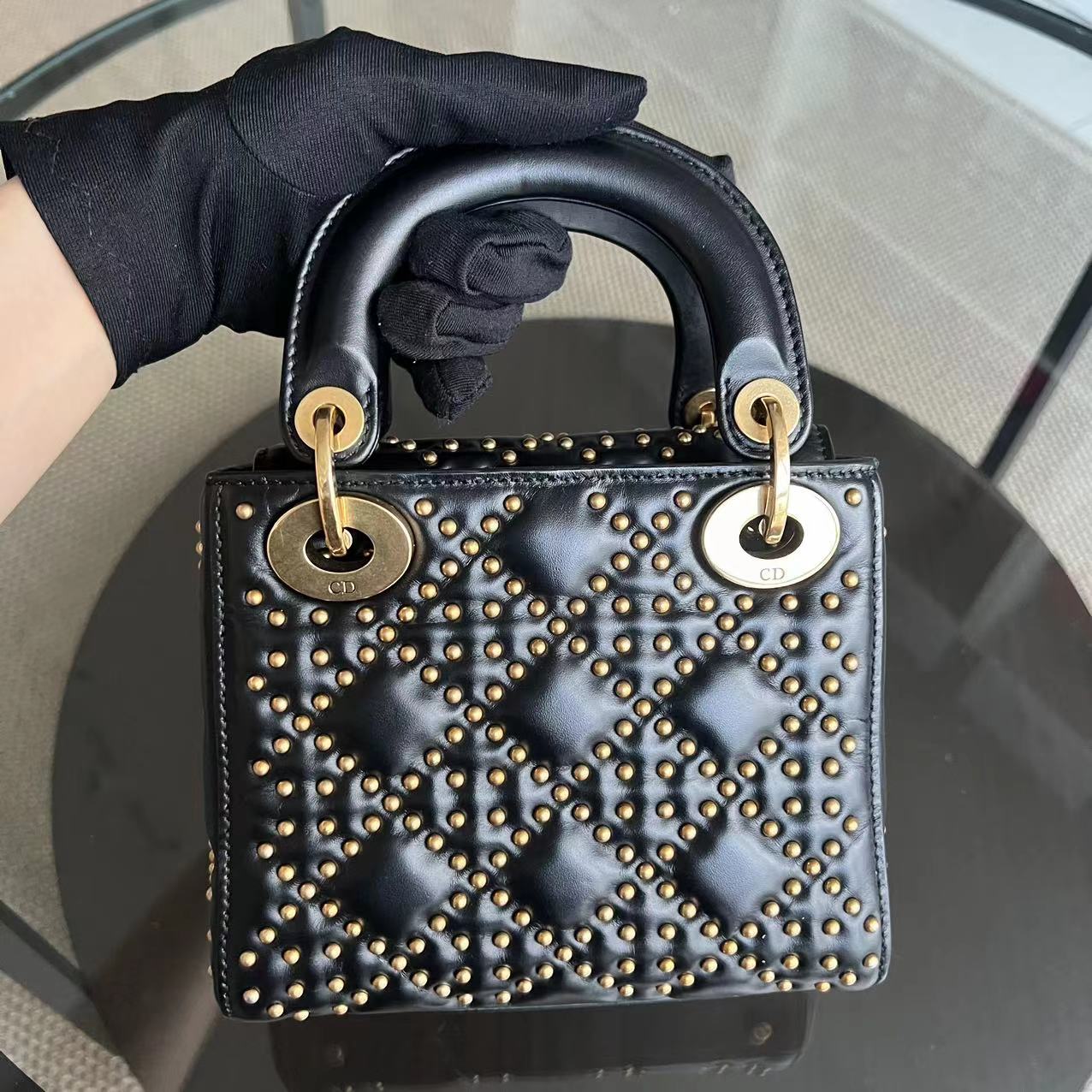 Lady Mini Studded Cannage Calfskin Black Golden Hardware