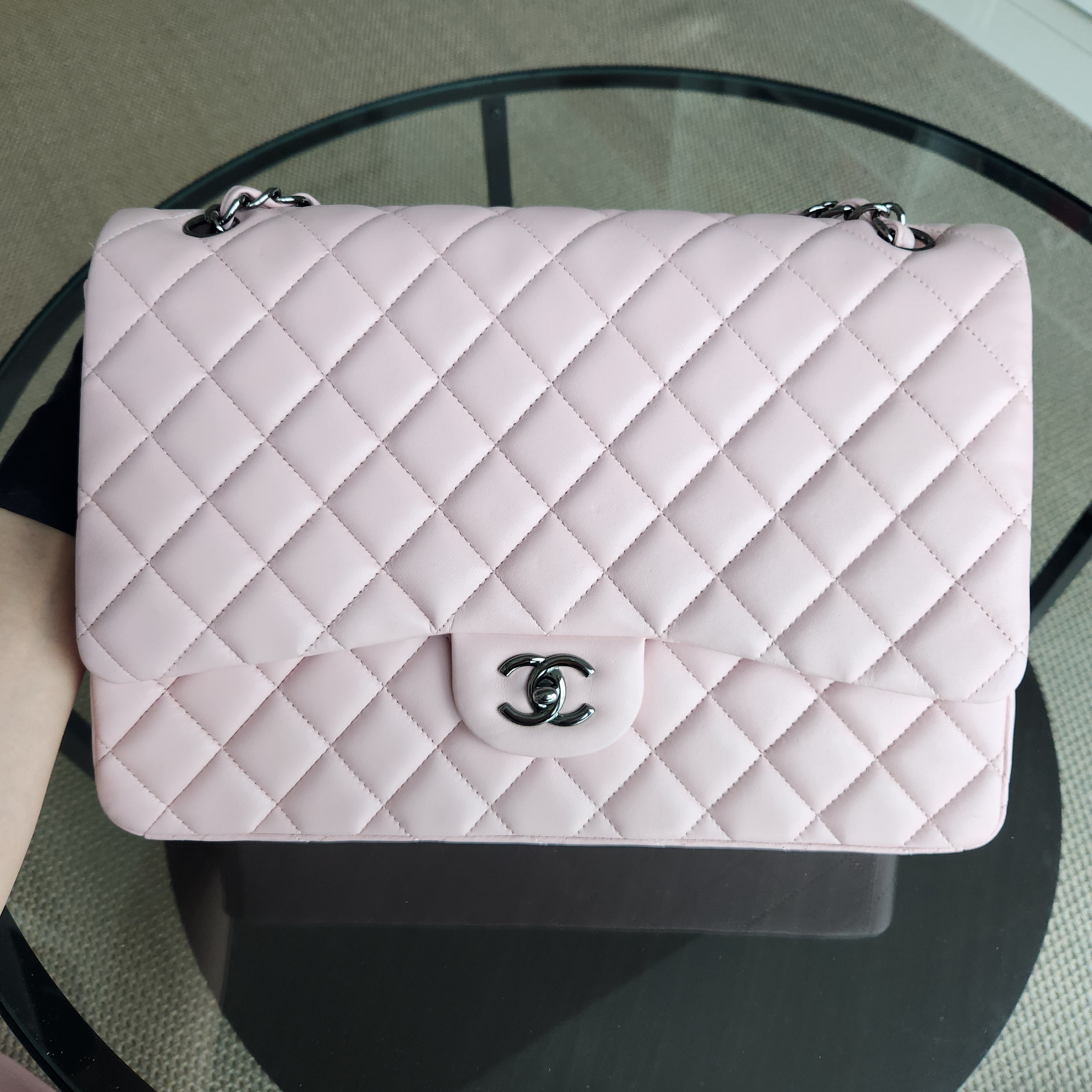 Chanel Classic Flap Maxi - 34CM Quilted Lambskin Single Flap Light Pink Silver Hardware Series 13