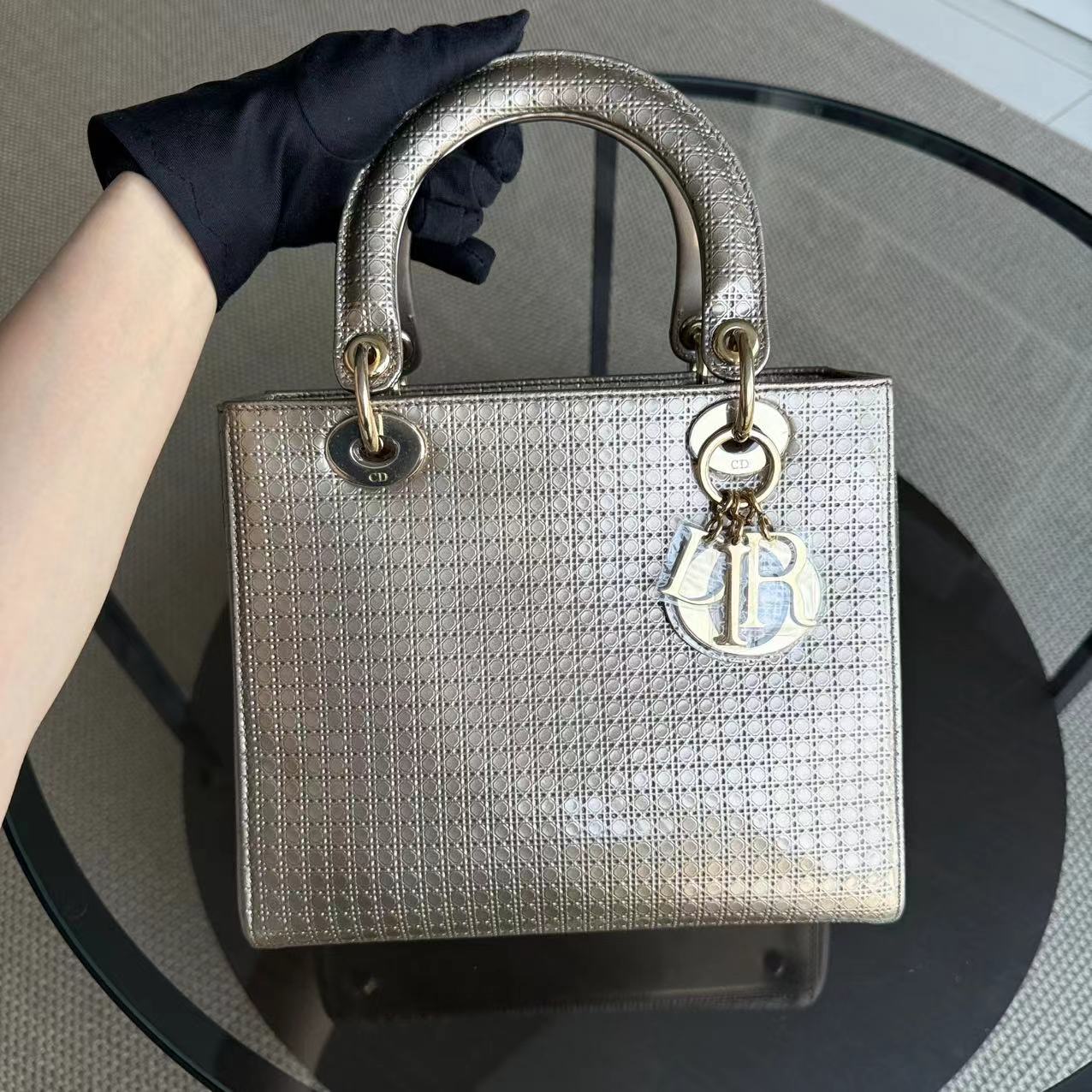 Dior Lady Medium Bag - Metallic Micro Cannage Calfskin Gold Golden Hardware