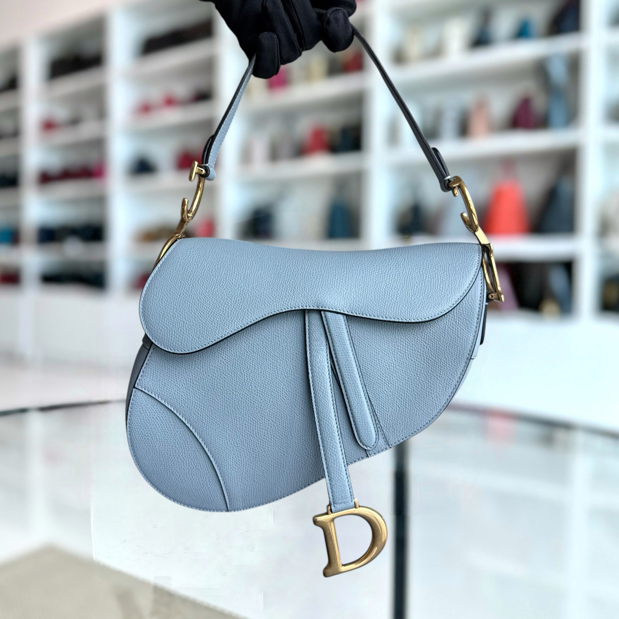 Dior Saddle Medium - 25CM Grained Calfskin Haze Blue Gold Hardware