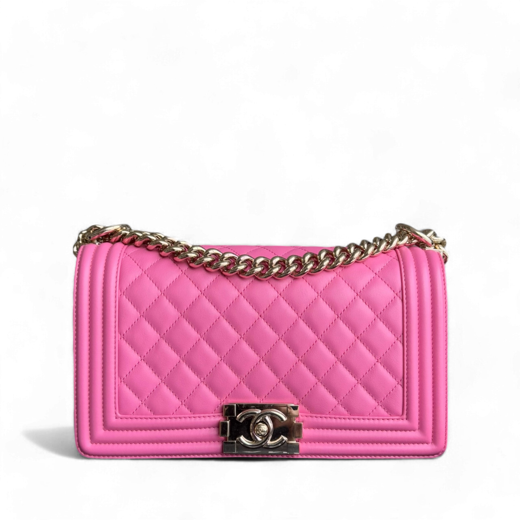 Chanel Boy Medium - 25CM Quilted Lambskin Pink Gold Hardware Series 26