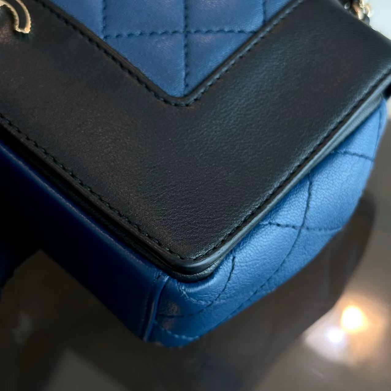 Chanel Seasonal Flap Mademoiselle Small 20CM Calfskin Two-Tone Black Blue Golden Hardware Series 23