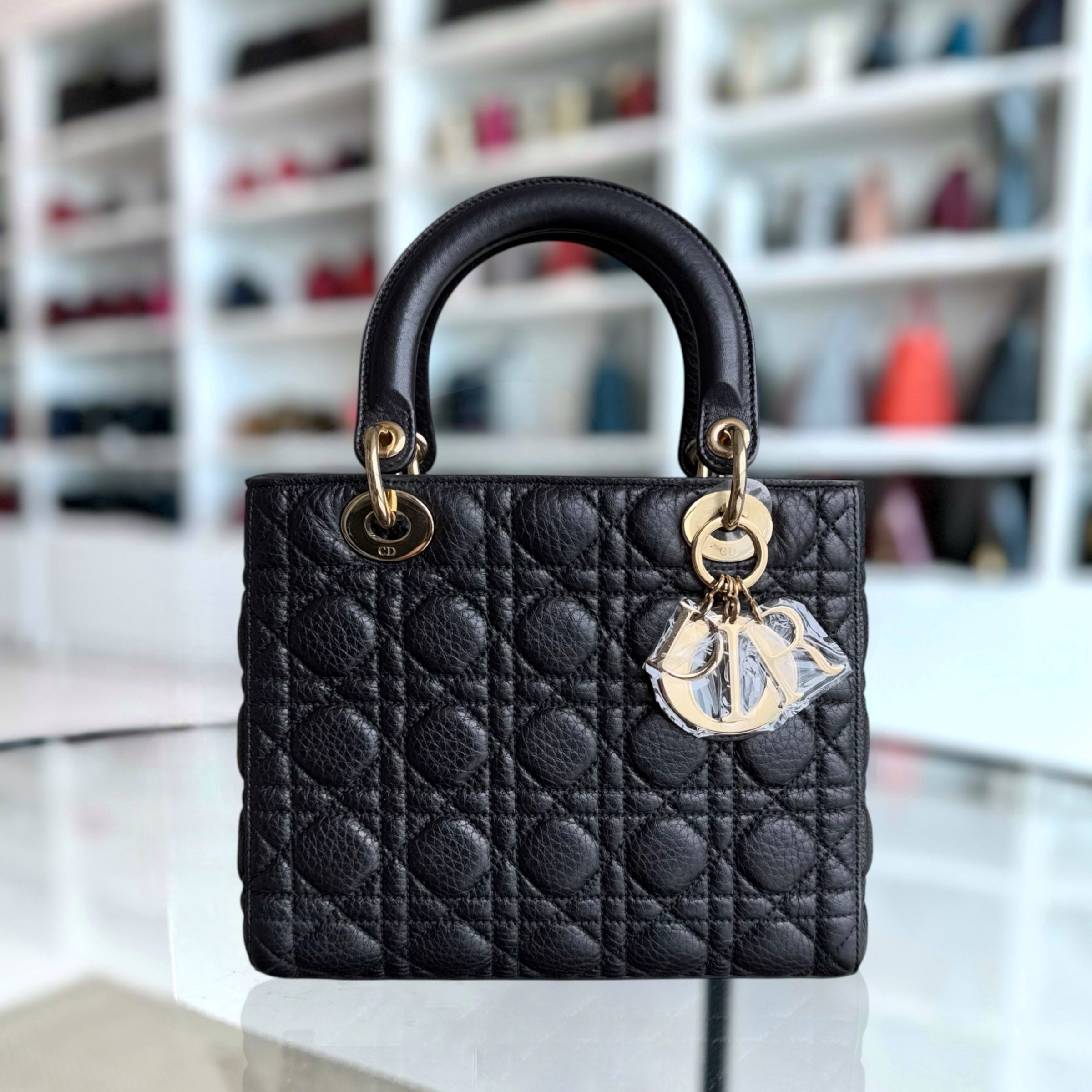 *No Strap* Dior Lady Flap Medium - Grained Calfskin Cannage Flap Open Black Gold Hardware