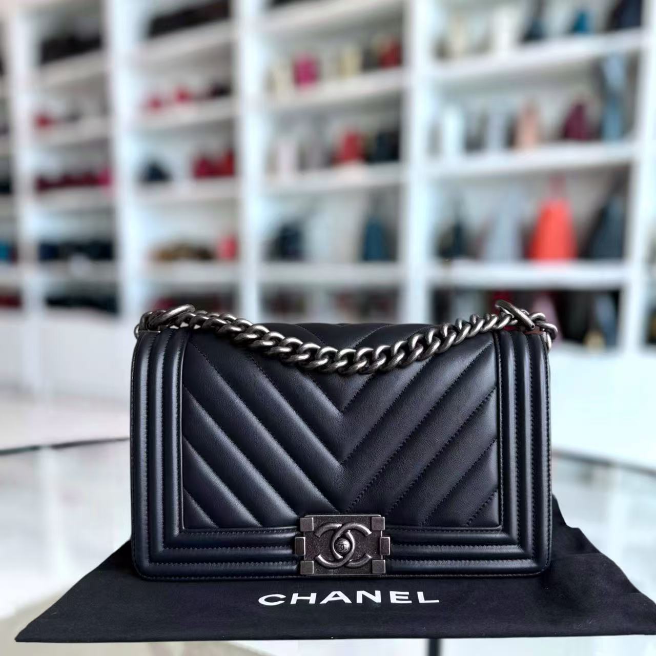 Chanel Boy Medium - Calfskin 25CM Chevron Midnight Blue Ruthenium Silver Hardware Series 25