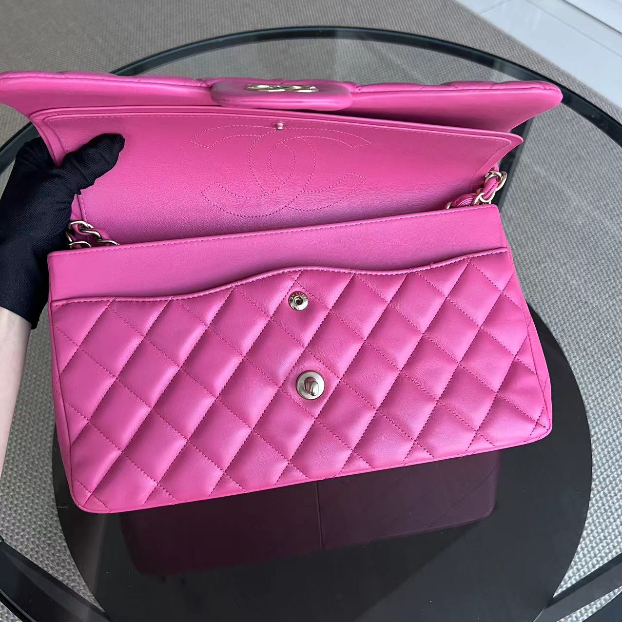 Jumbo Classic Flap Double Flap Quilted Lambskin Hot Pink Golden Hardware Series 17