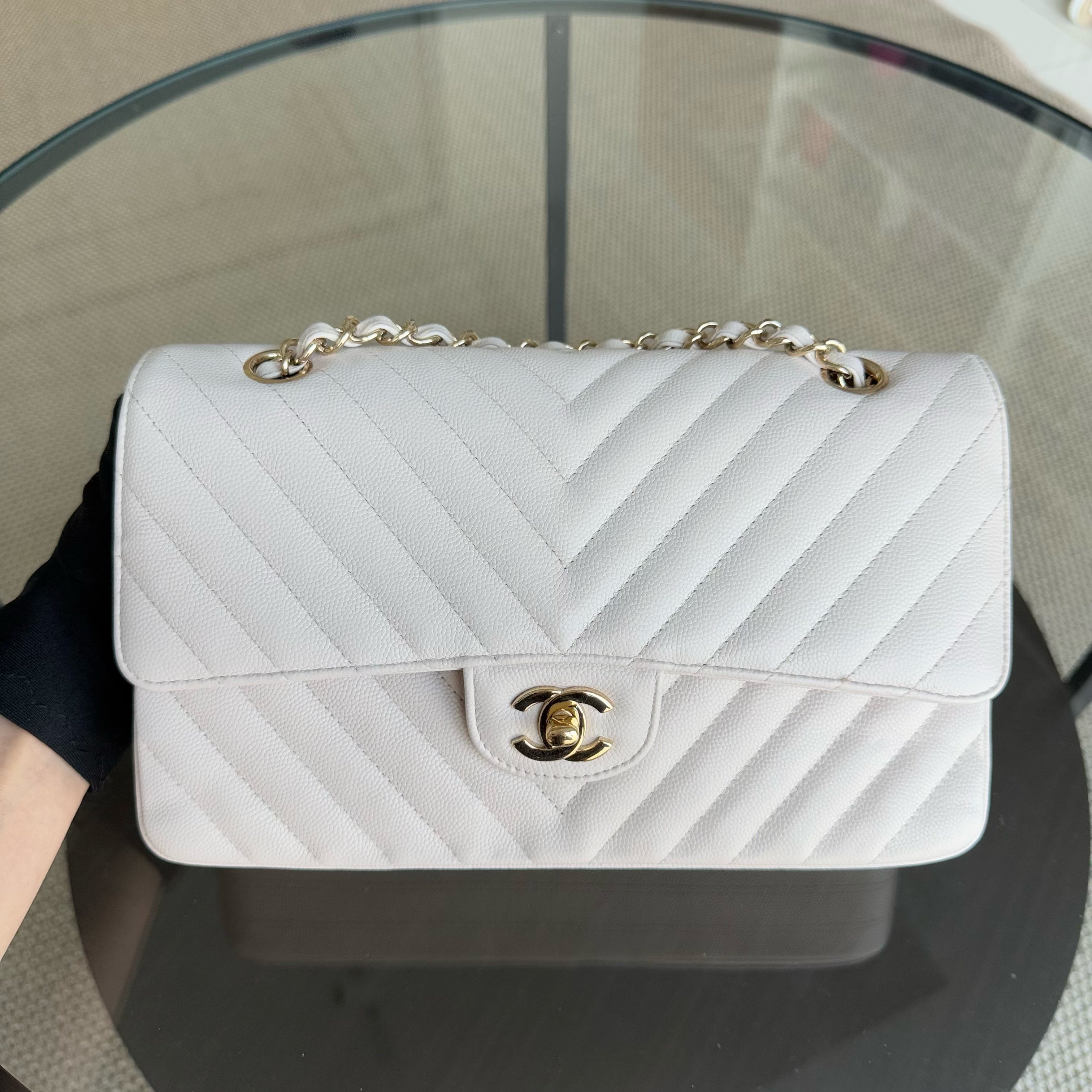 Chanel Classic Flap Medium - Caviar Chevron Cream White Gold Hardware Series 26