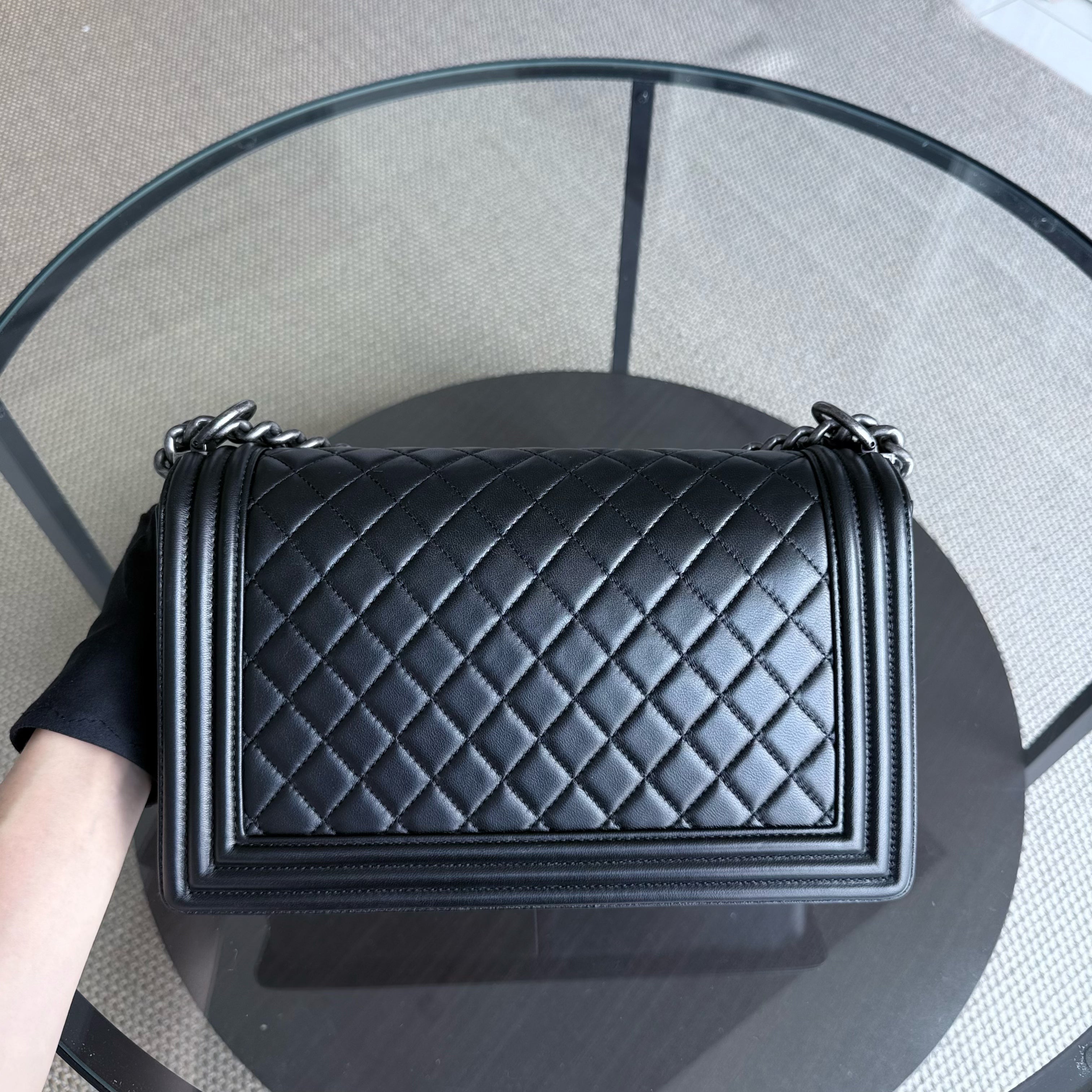 Chanel Boy New Medium - 28CM Quilted Lambskin Black Ruthenium Silver Hardware Series 21