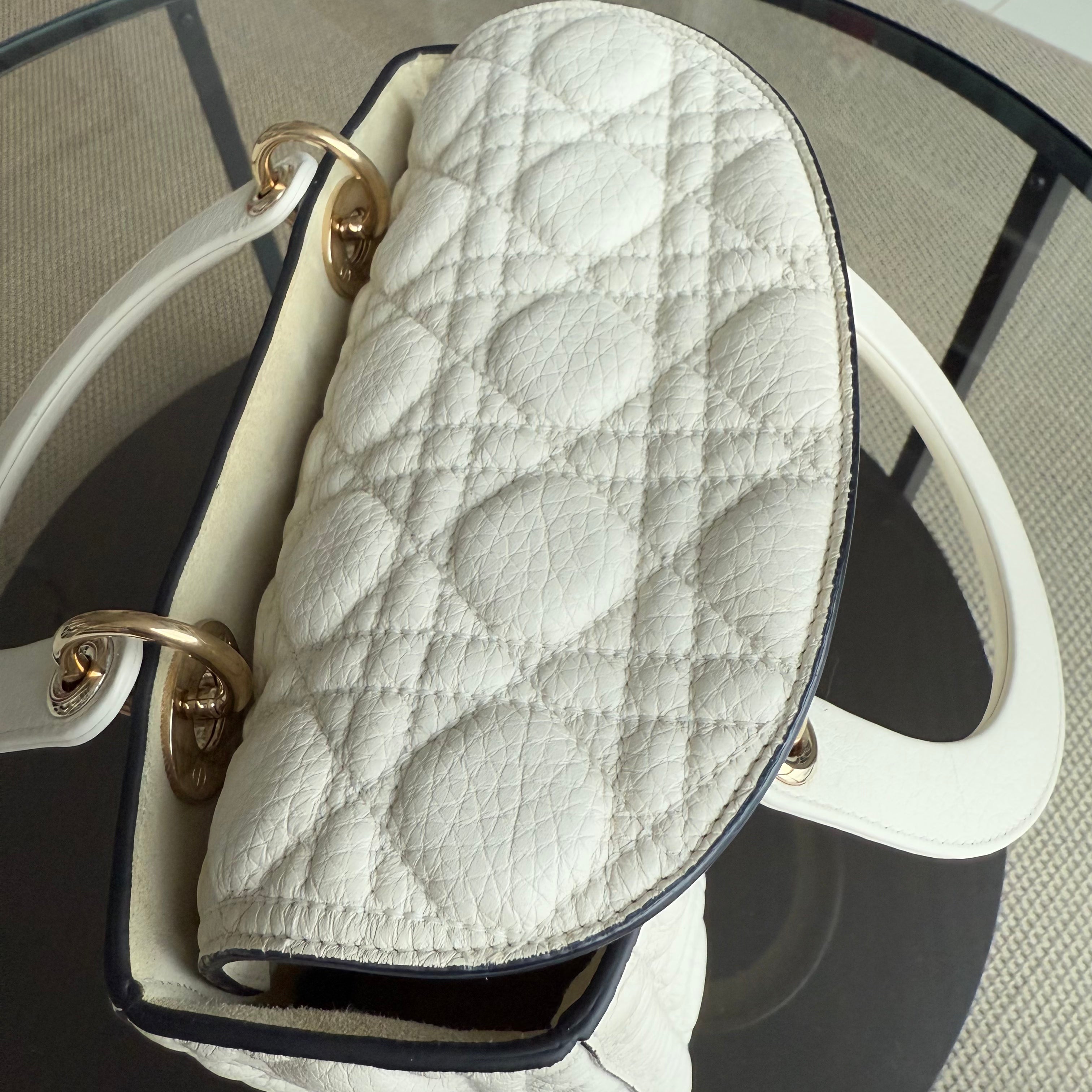 Dior Lady Flap Medium - Cannage Grained Calfskin Cream White Gold Hardware