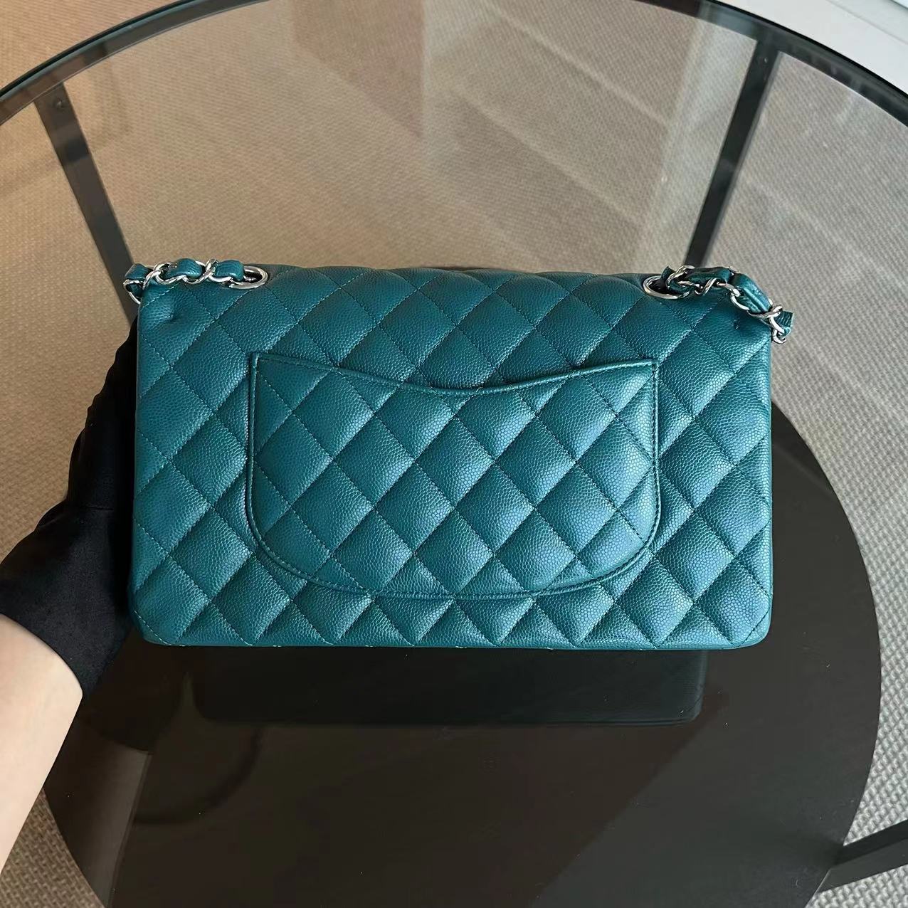 *Unused* Chanel Caviar Medium Classic Flap Quilted Calfskin Green Blue SHW No 26