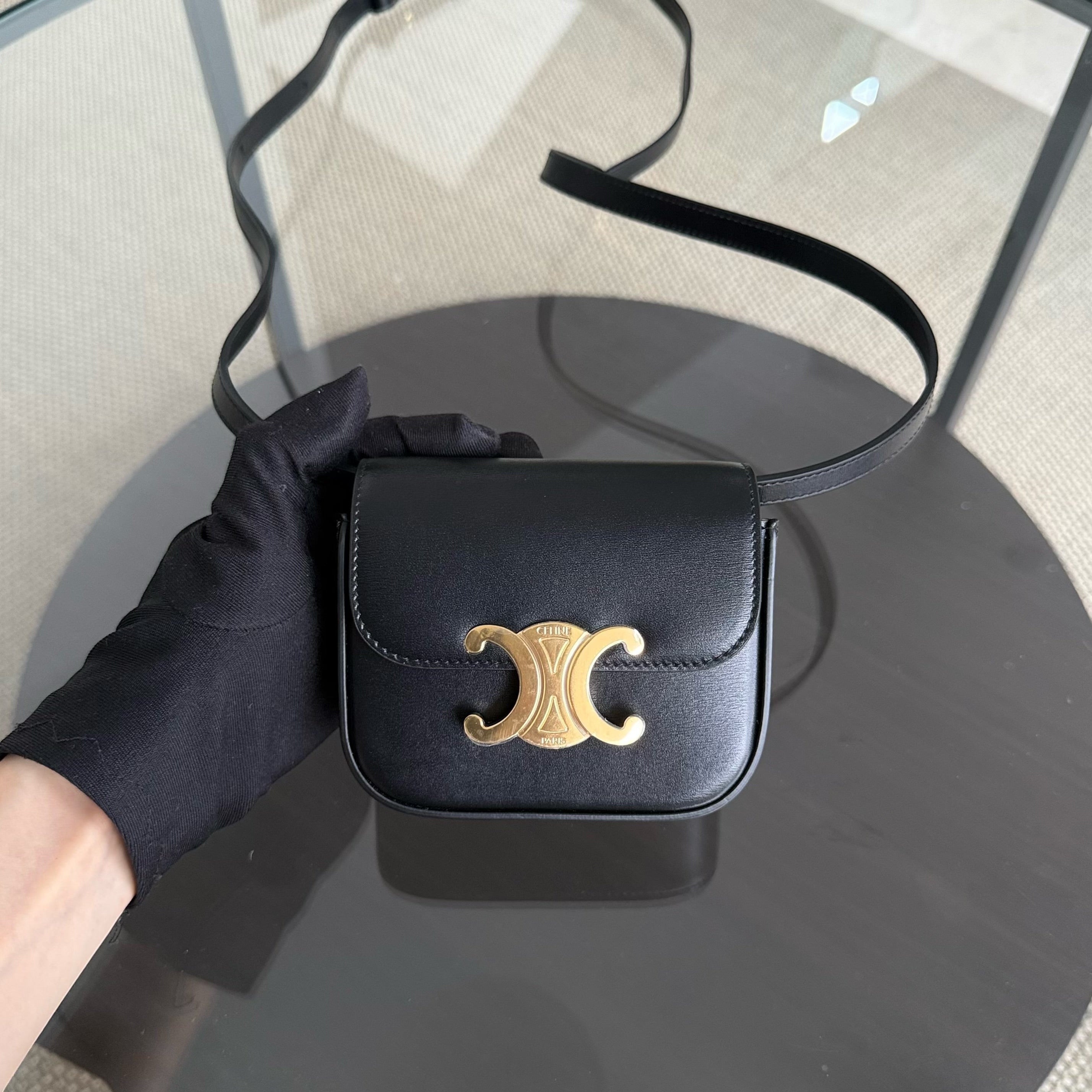 Celine Triomphe Mini Claude Flap Bag in Black Shiny Calfskin and GHW